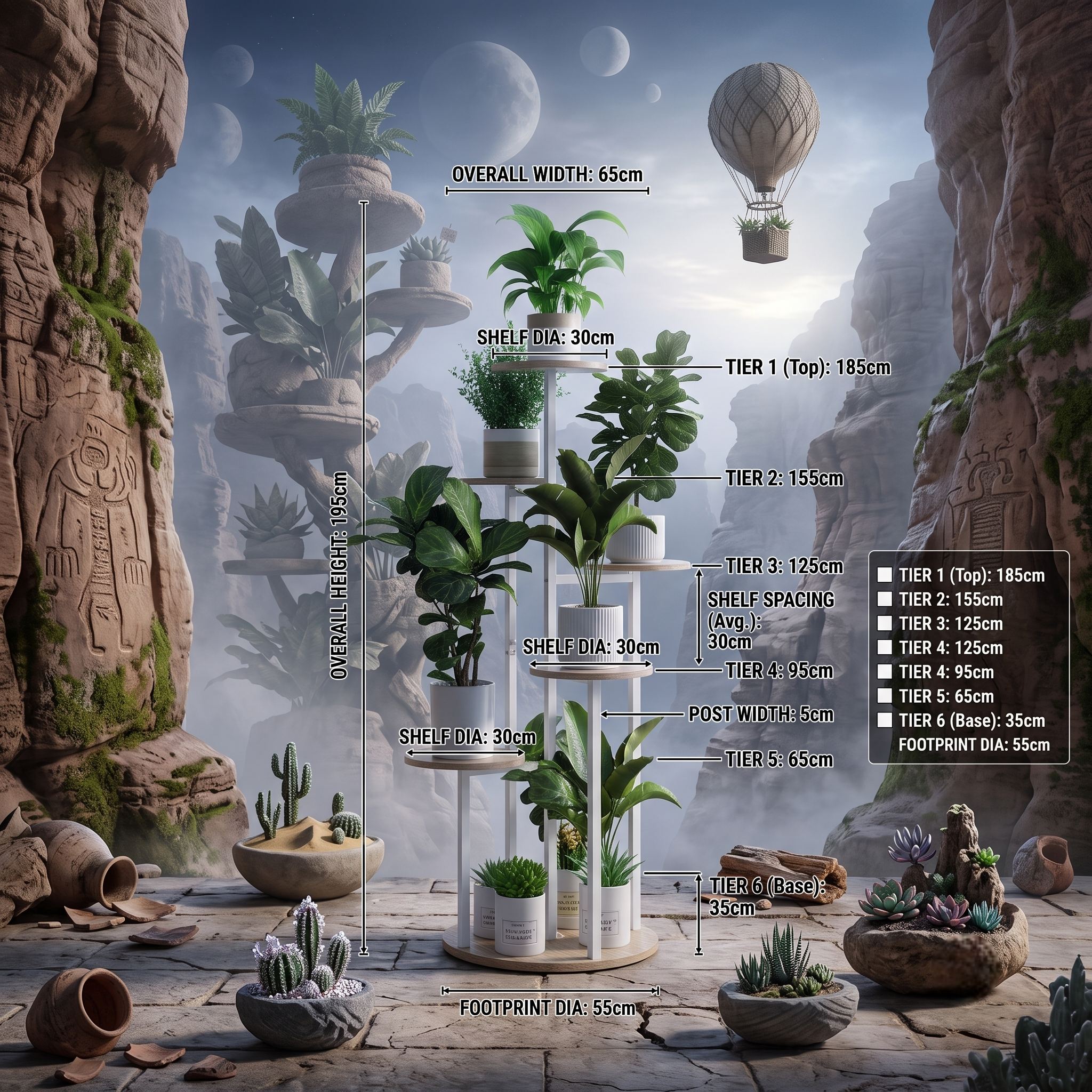 practical Indoor Plant Stand with 6 Tiers, Suitable for Various Plants, Corner Flower Display for The Living Room, Featuring a Multi-Layer Vintage Design 11 A minimalist white Indoor Plant Stand with 6 Tiers holding various vibrant green plants, positioned in a surreal, ethereal rocky desert landscape with a floating hot air balloon.