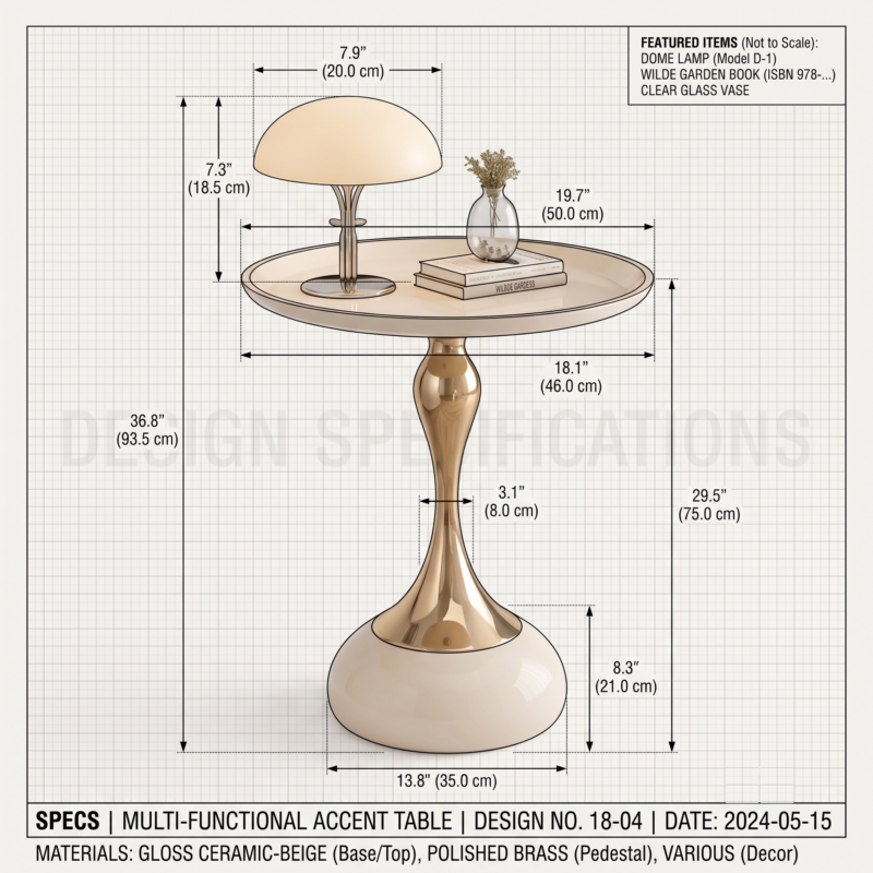exclusive 1pc Modern Italian Space-Saving Corner Coffee Table with Metal Tabletop & Assembly - Multifunctional Compact Suitable for Small Apartments, Living Room, Bedside - Wood-Free (Ideal for Urban Dwellers) 5 A technical engineering blueprint layout displaying precise measurements in inches and centimeters for the height, tabletop diameter, neck width, and base diameter of the cream white modern italian space saving corner coffee table.