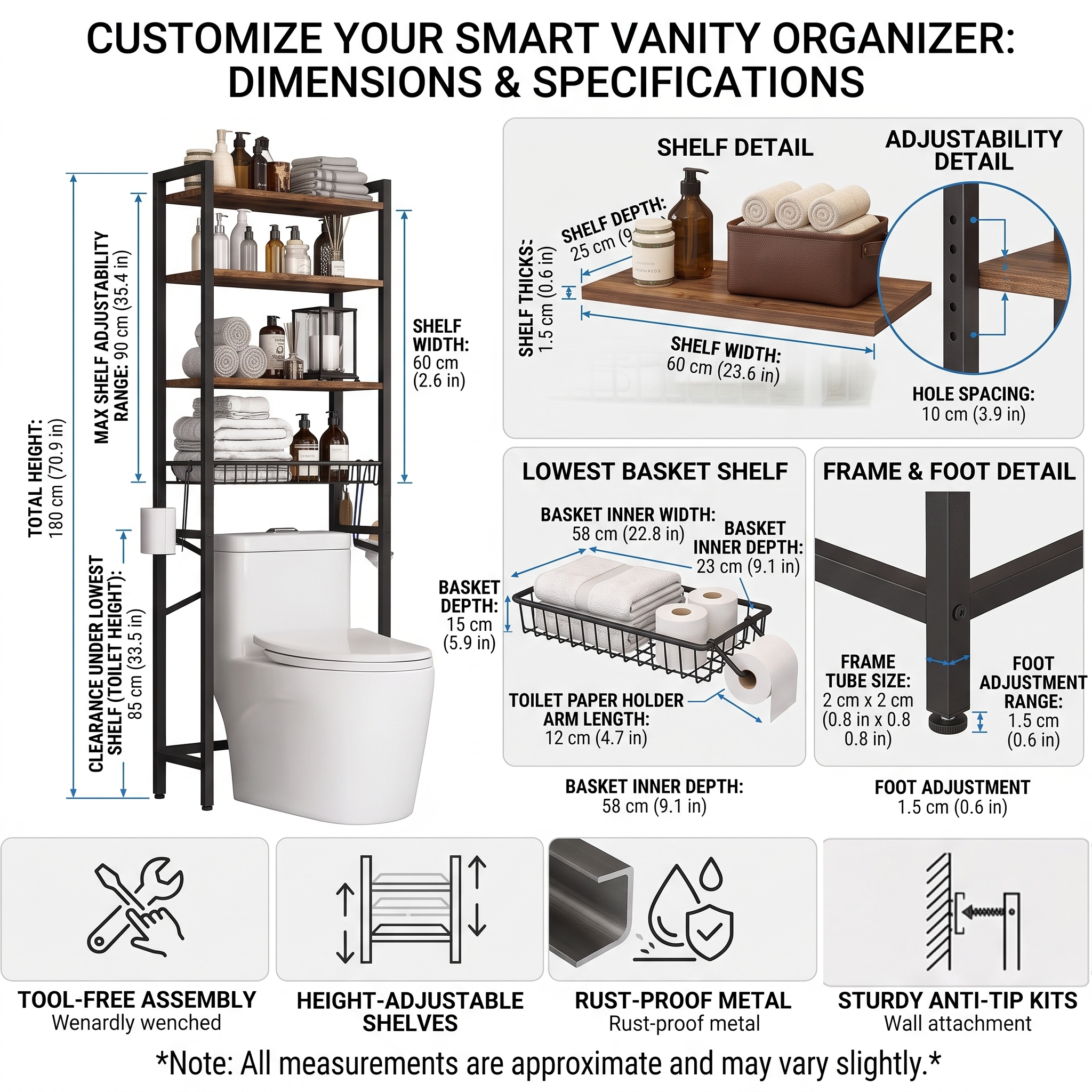 reliable 5-Tier Adjustable Over The Toilet Bathroom Organizer Shelf | Brown, Freestanding Iron Shelf with Toilet Paper Holder and 4 Hooks, Spray Paint End 7 A comprehensive visualization of the customizable features, dimensions, and specifications of the smart vanity and over-the-toilet organizer.