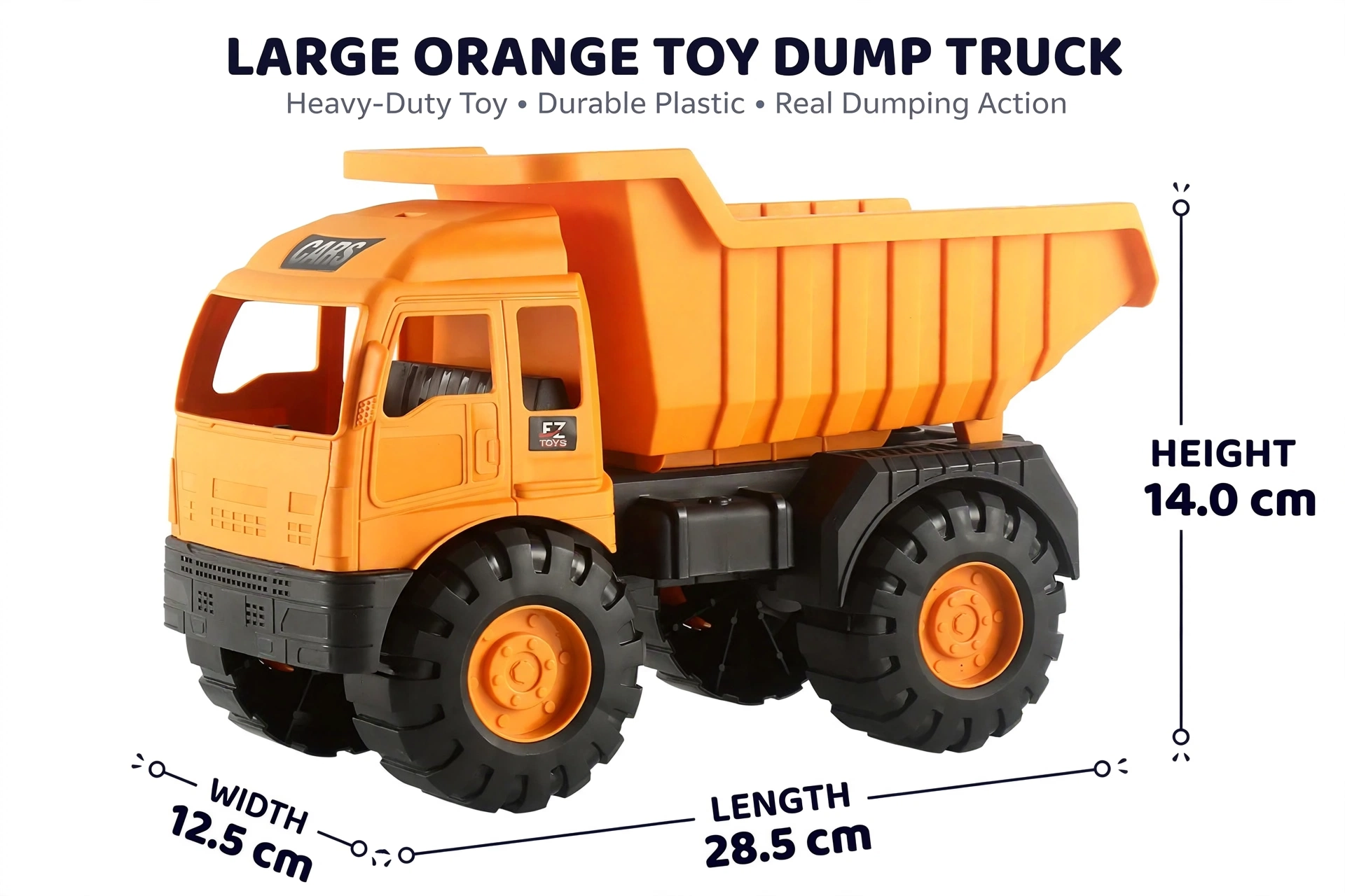 Back to School New Semester Excavator Toy Car Large Engineering Vehicle Set Dumper Truck Cement Mixer Excavator Crane 9 Dimension layout showing the height, width, and length specifications of the large dump truck toy car large.