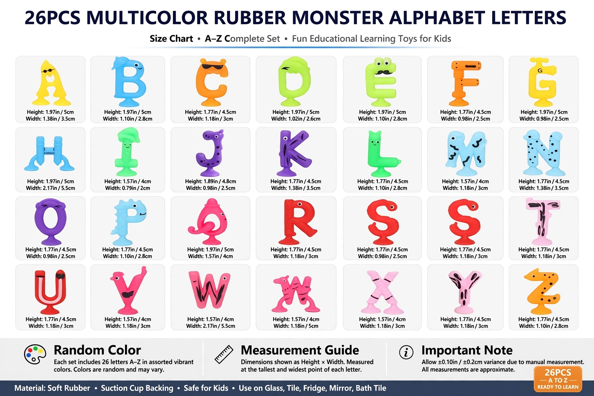 awesome 26pcs Multicolor Rubber Alphabet Letters with Suction Cups, Educational Spelling Learning Game, Ideal for Halloween/Christmas/Birthday Party Giftschristmas Stocking Stuffers, Christmas Stocking Stuffers 7 Size chart displaying dimensions, heights, and widths for each piece of the Alphabet Letters with Suction Cups set