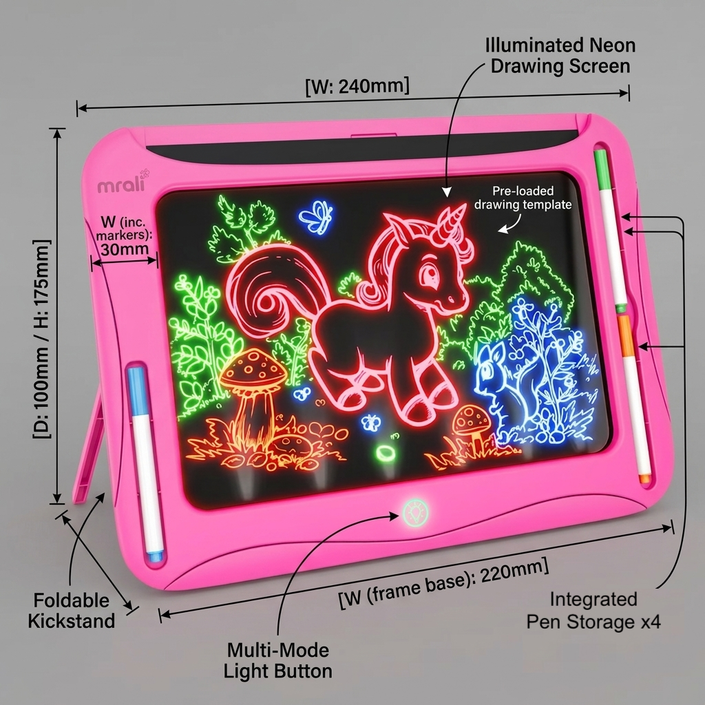 LED Light-Up Drawing Writing Doodle Board, Learning Travel Toy with 9 Double-Sided Cards, 6 Markers, Art Set, Suitable for Birthday Gifts And Christmas Gifts for Girls And Boys Aged 3-8. 18 A pink LED Light Up Drawing Writing Doodle Board displaying exact product measurements including width height and depth alongside labeled features like the foldable kickstand and pen storage.