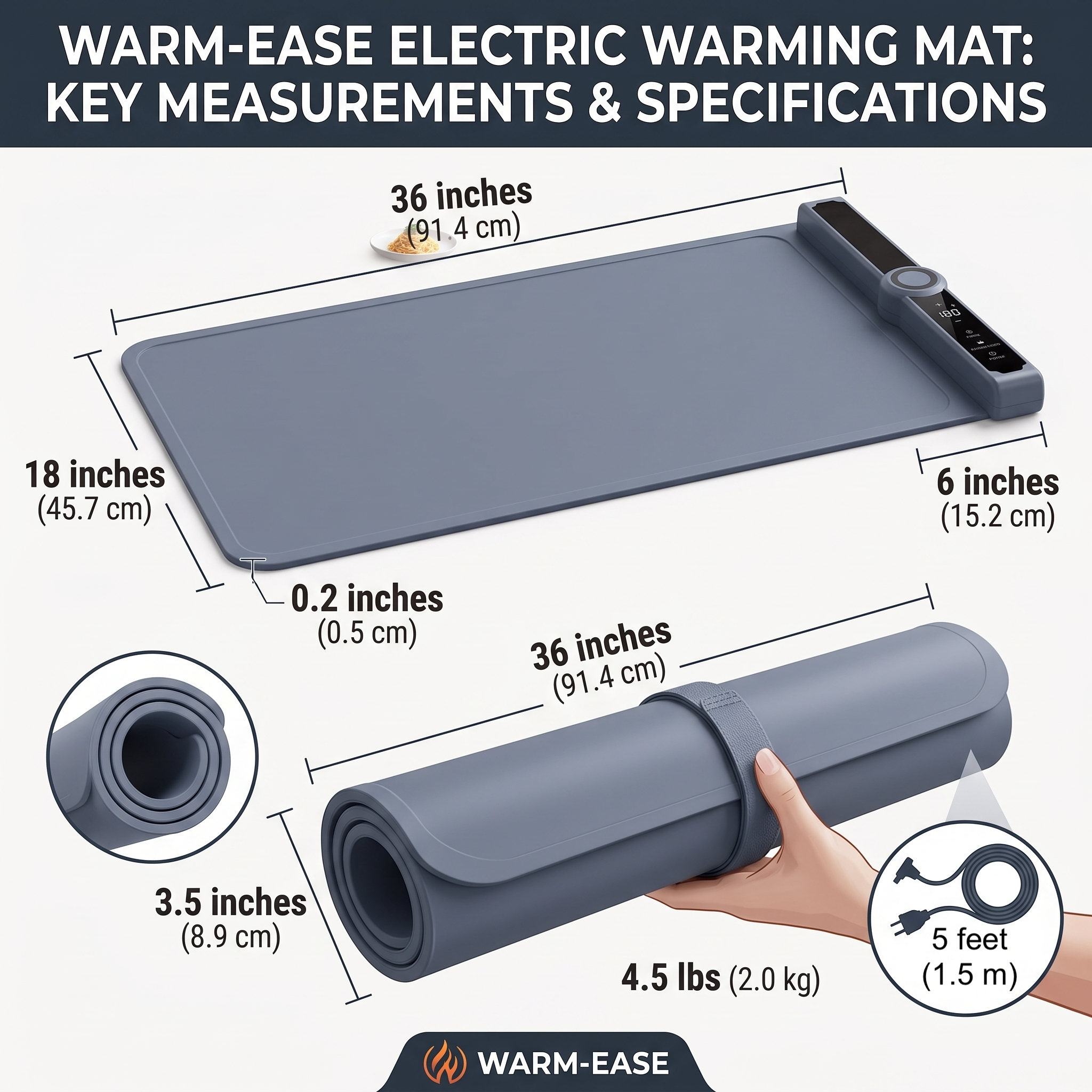 Food Warming Pad Made Of Silicone, with 3 Temperature Levels And 6-hour Timing Function, Electric Heating Pad with Full Surface Rapid Heating Function, Foldable Food Warming Tray for Buffet Party Kitchen Countertop 8 A 4-panel split graphic showing a Food Warming Pad Made Of Silicone under large baking dishes, warming up fresh bread baskets, and neatly rolled up into a pull-out kitchen drawer.