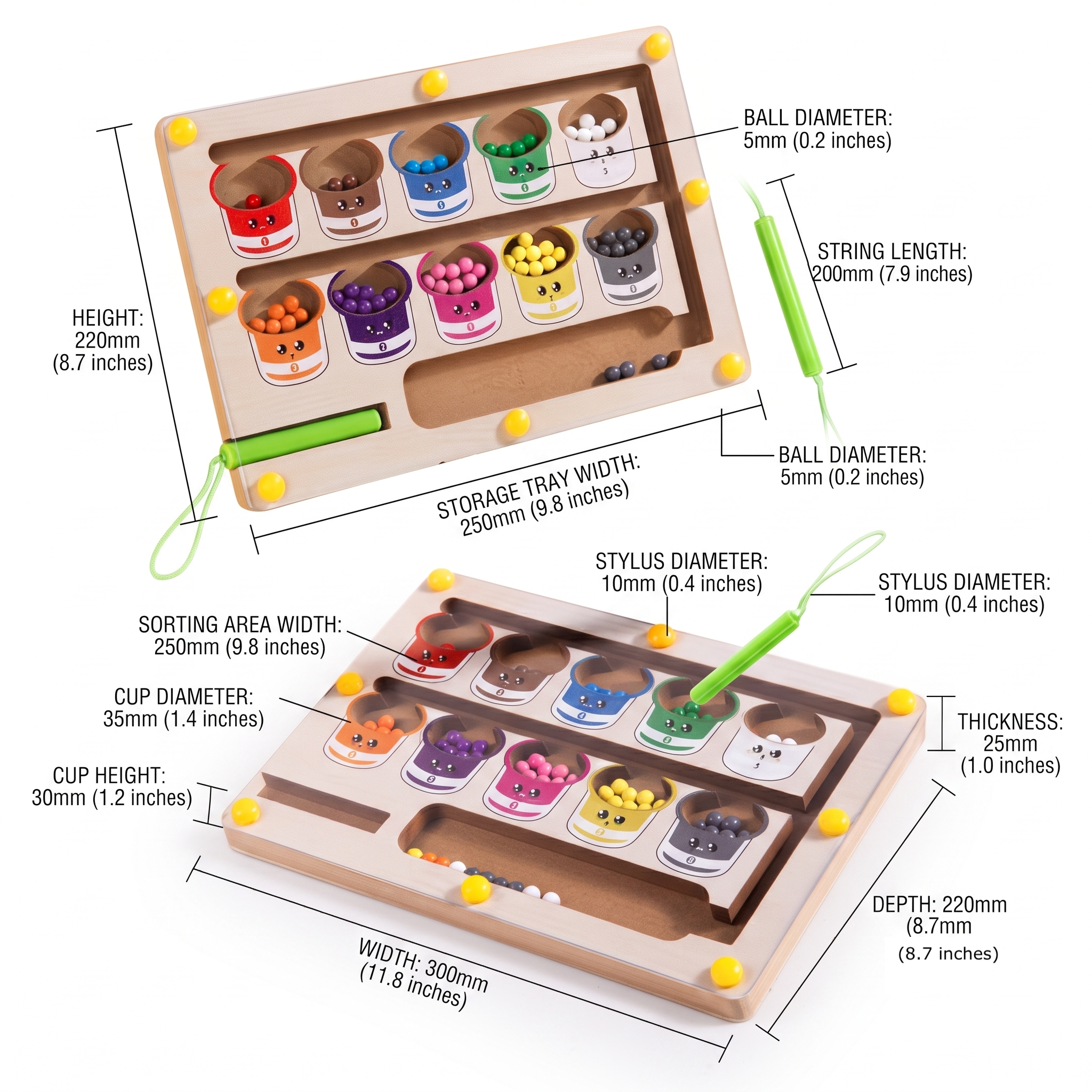 Color Sorting Maze Wooden Number and Color Counting Board Puzzle, Fine Motor Skills Toy, Cute Birthday Gift for Boys and Girls, Halloween/Thanksgiving/Christmas/Easter Gift 11 A technical diagram of the wooden color sorting maze toy, showing exact measurements in millimeters and inches for all its components.