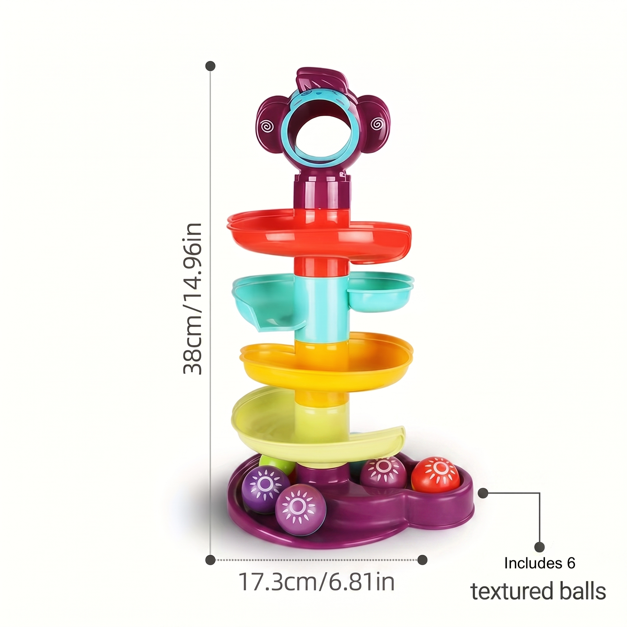 Ball Track Tower Fun Educational Toy Rolling Ball Early Learning/Spinning Balls/Great Gifts for Holidays Birthdays 8 Product dimensions showing a height of thirty eight centimeters and width of seventeen point three centimeters with six included textured balls labeled at the base