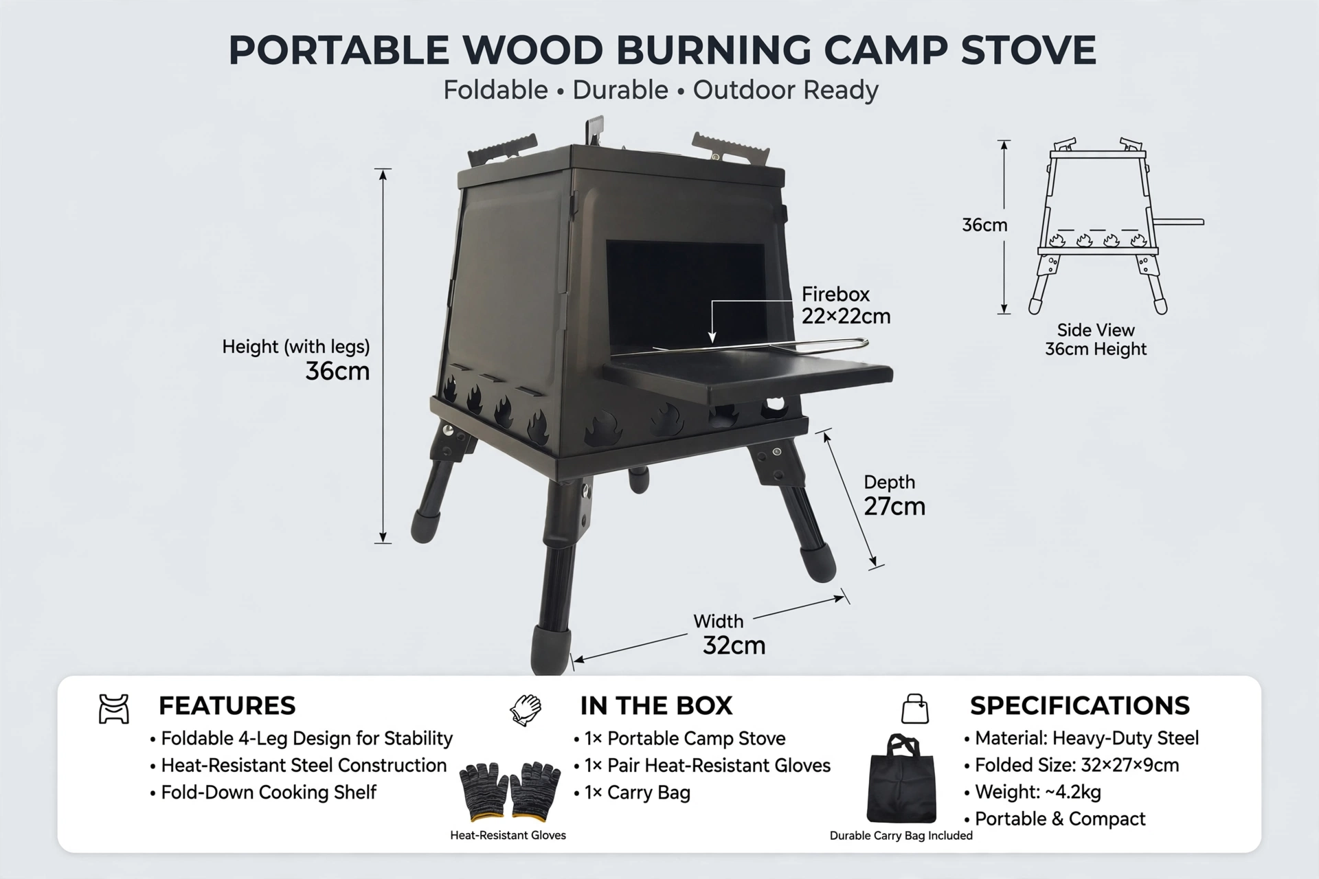 Portable Wood Burning Camp Stove - Heavy-Duty Outdoor Campfire Stove with Sturdy Legs & Air Vents, Firewood/Bonfire Compatible for Hiking, Backpacking, Picnic, BBQ, Travel - No Electricity/Flint/Magnesium Needed 6 Detailed technical specification and measurement diagram of the Portable Wood Burning Camp Stove