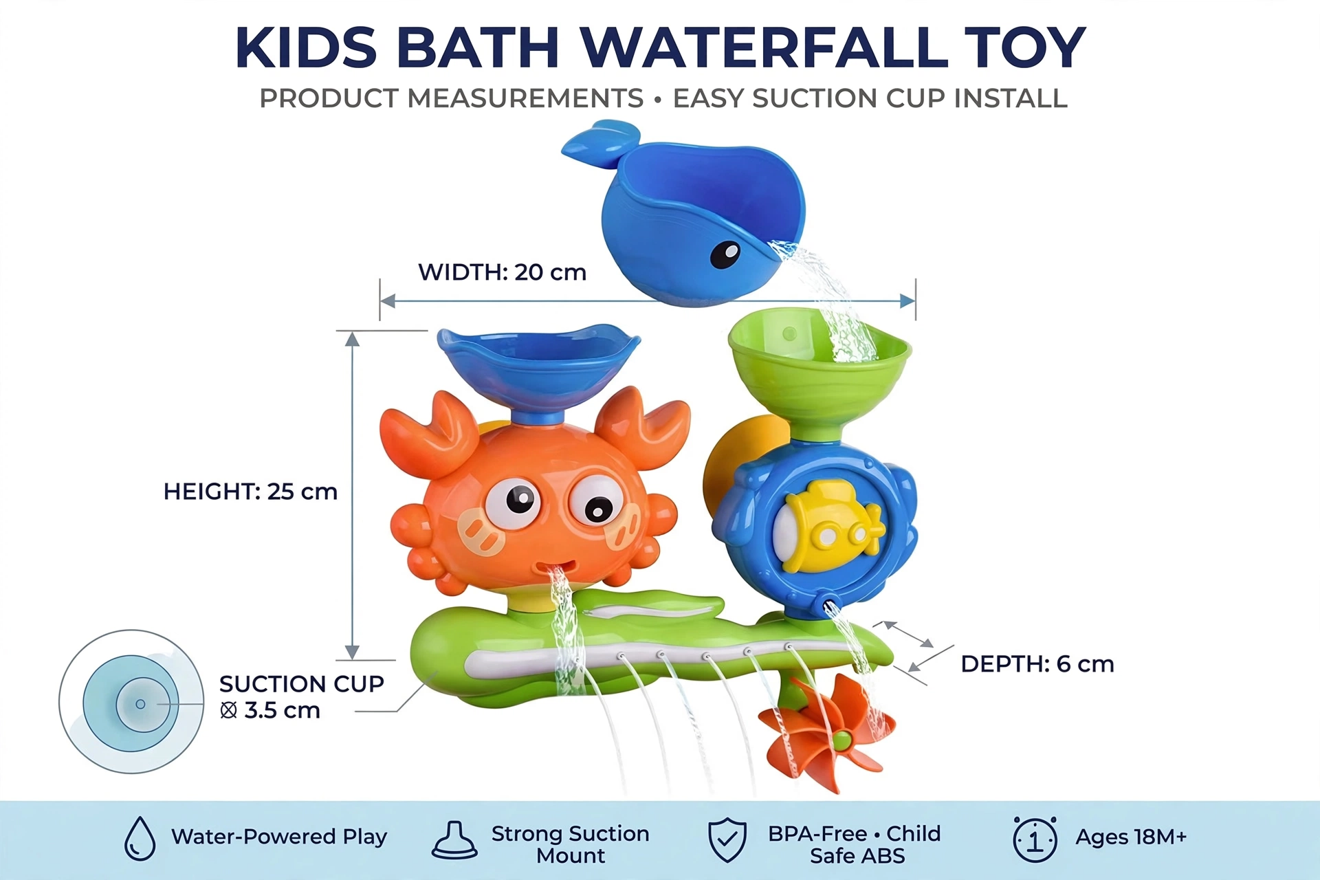 Interactive Suction Cup Bath Toy Set for Youngsters Durable ABS Material, Multi-Color Palette, Enhances Motor Skills & Playfulness 11 All the individual plastic parts and cups of the green and orange Interactive Suction Cup Bath Toy Set laid out