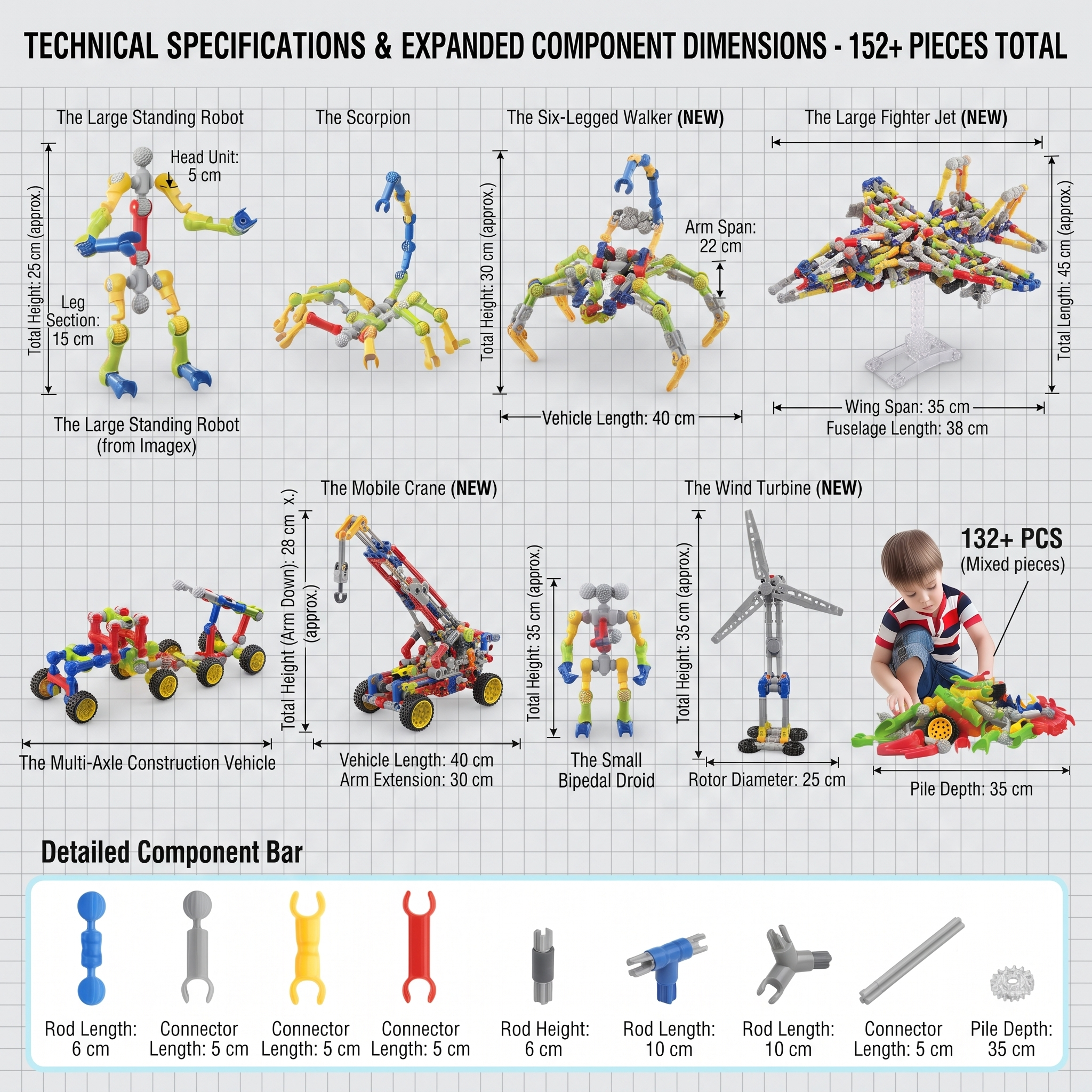 132pcs Kids STEM Building Toys for 3+ Year Old Boy Girl Birthday Gift, Educational Building Blocks Stem Kits Activities Engineering Creative Games, Ideal Christmas Birthday Gifts 9 Comprehensive dimensional breakdown for advanced builds made with Kids STEM Building Toys