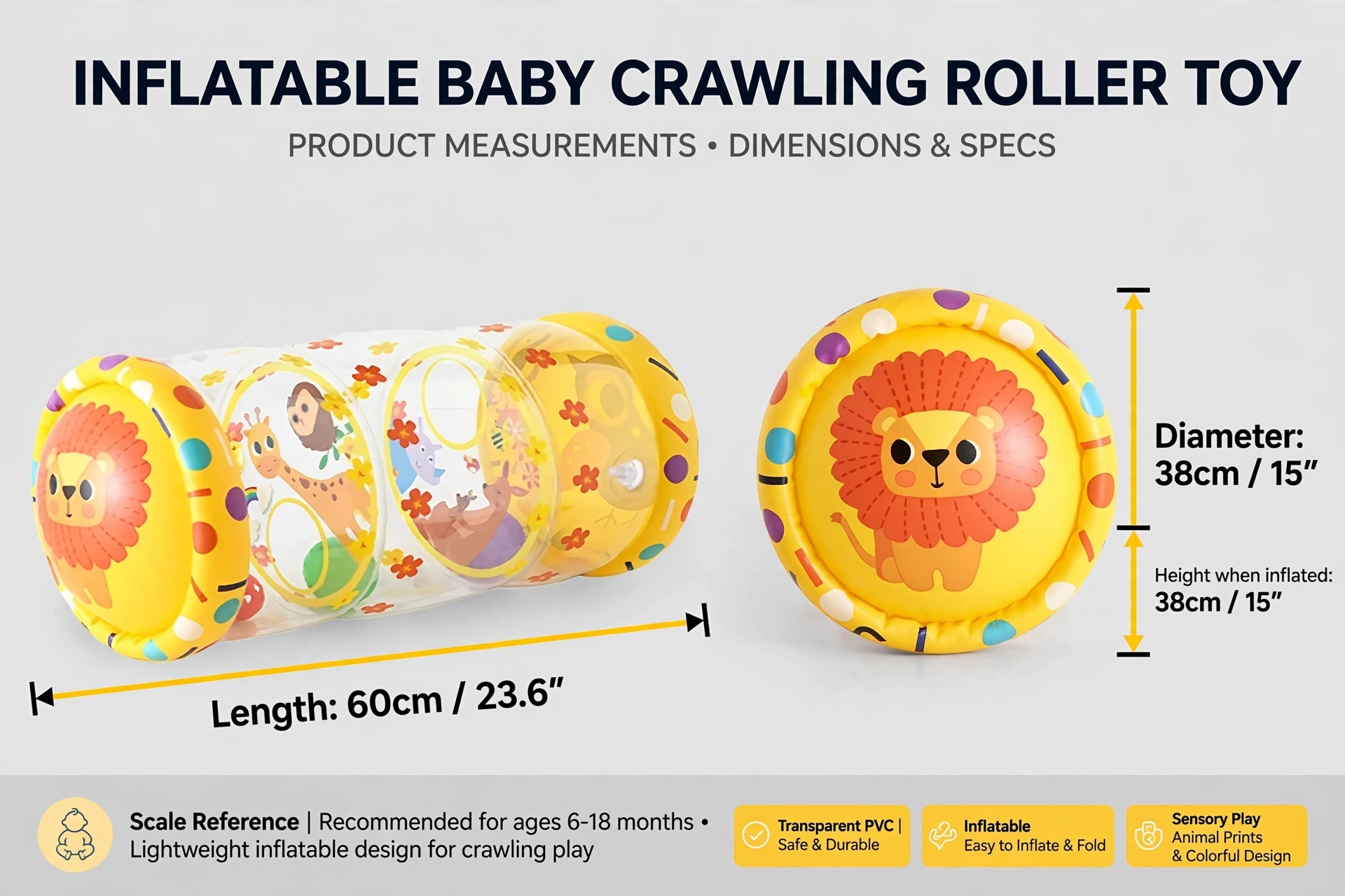 Crawling Toys for Children, No Air Pump Included. Specifically Designed for Children to Use While Lying on the Floor or Crawling 8 Infographic showing dimensions and specifications for inflatable Crawling Toys for Children including length and height