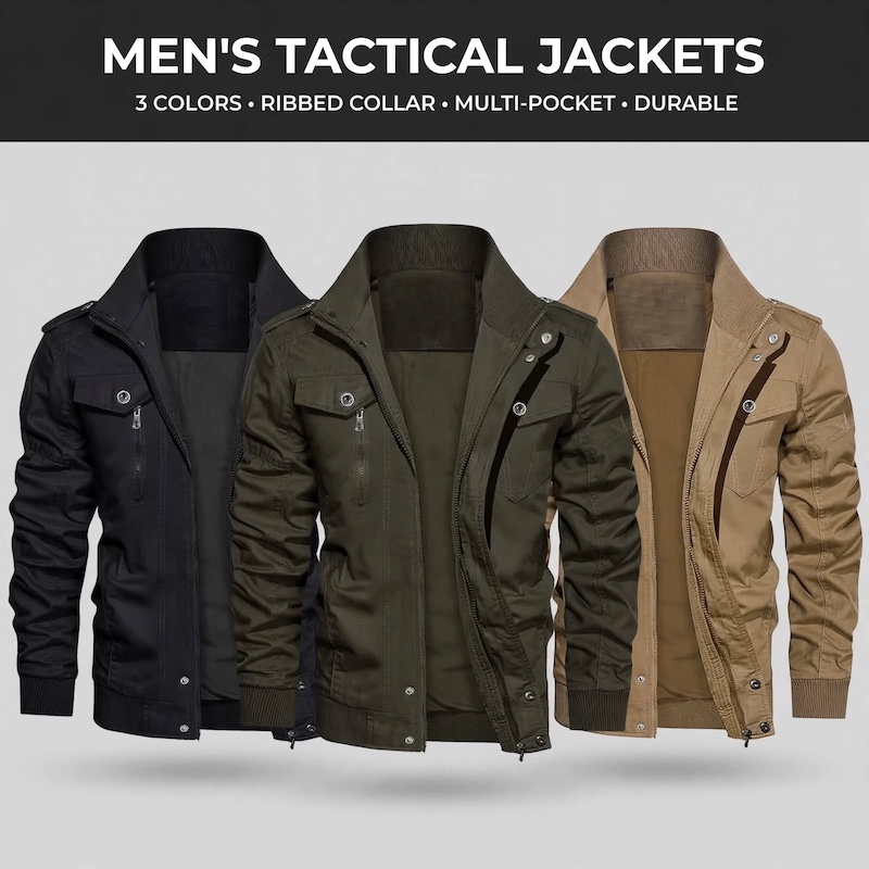 Men's Tactical Jacket Practical Men's Tactical Jacket | Multiple Pockets, Workwear Style Coat 13 A professional studio product shot displays three men's tactical jackets side-by-side against a light gray background. The jackets are identical in design, featuring a stand-up ribbed collar, multiple button and zipper pockets, and a full-zip front.