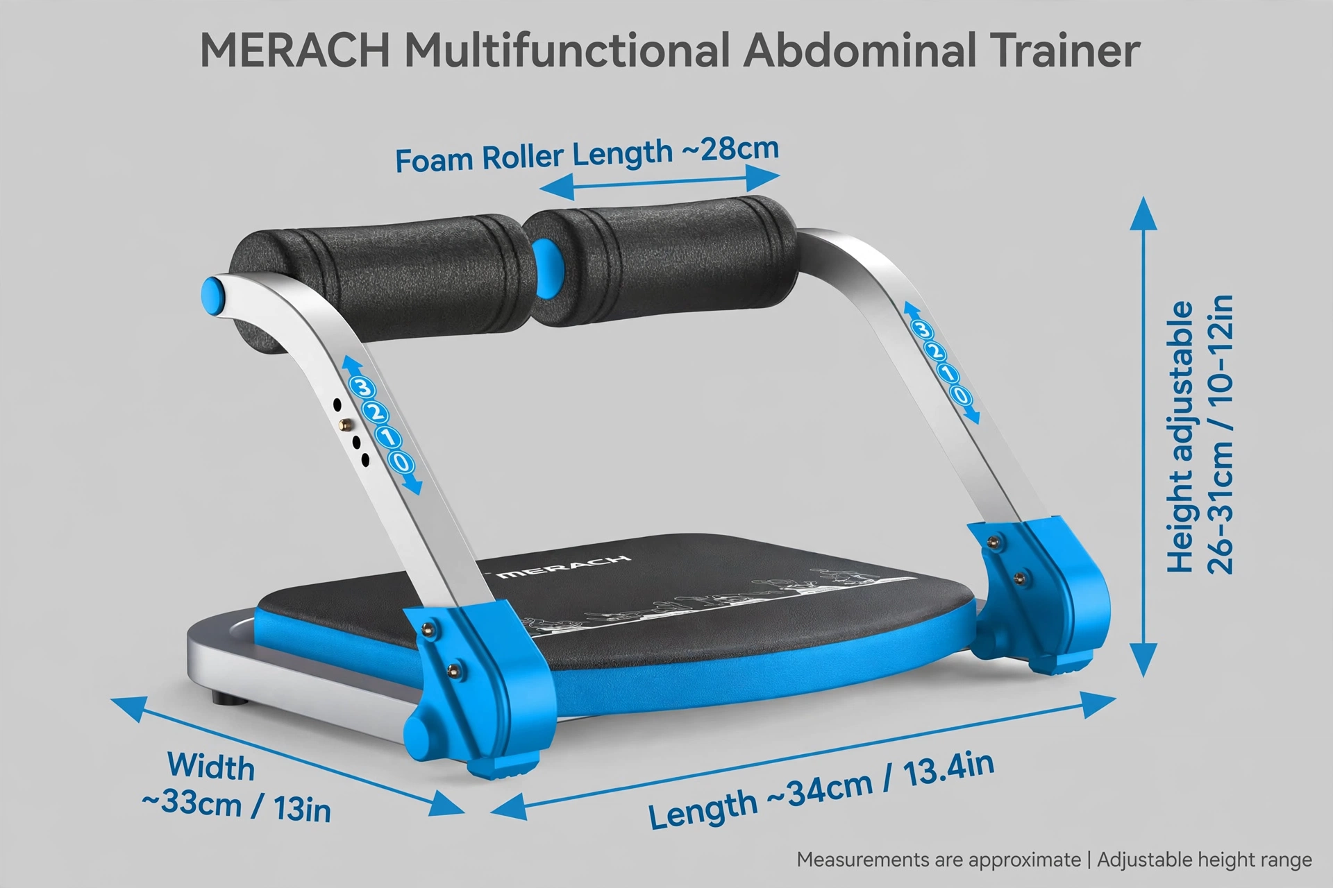 practical MERACH Multifunctional abdominal trainer, core strength, waist slimming, abdominal fitness home exercise equipment, home abdominal muscle training and abdominal loss fitness equipment 9 A blue multifunctional abdominal trainer with black foam rollers and a cushioned base on a clean white background