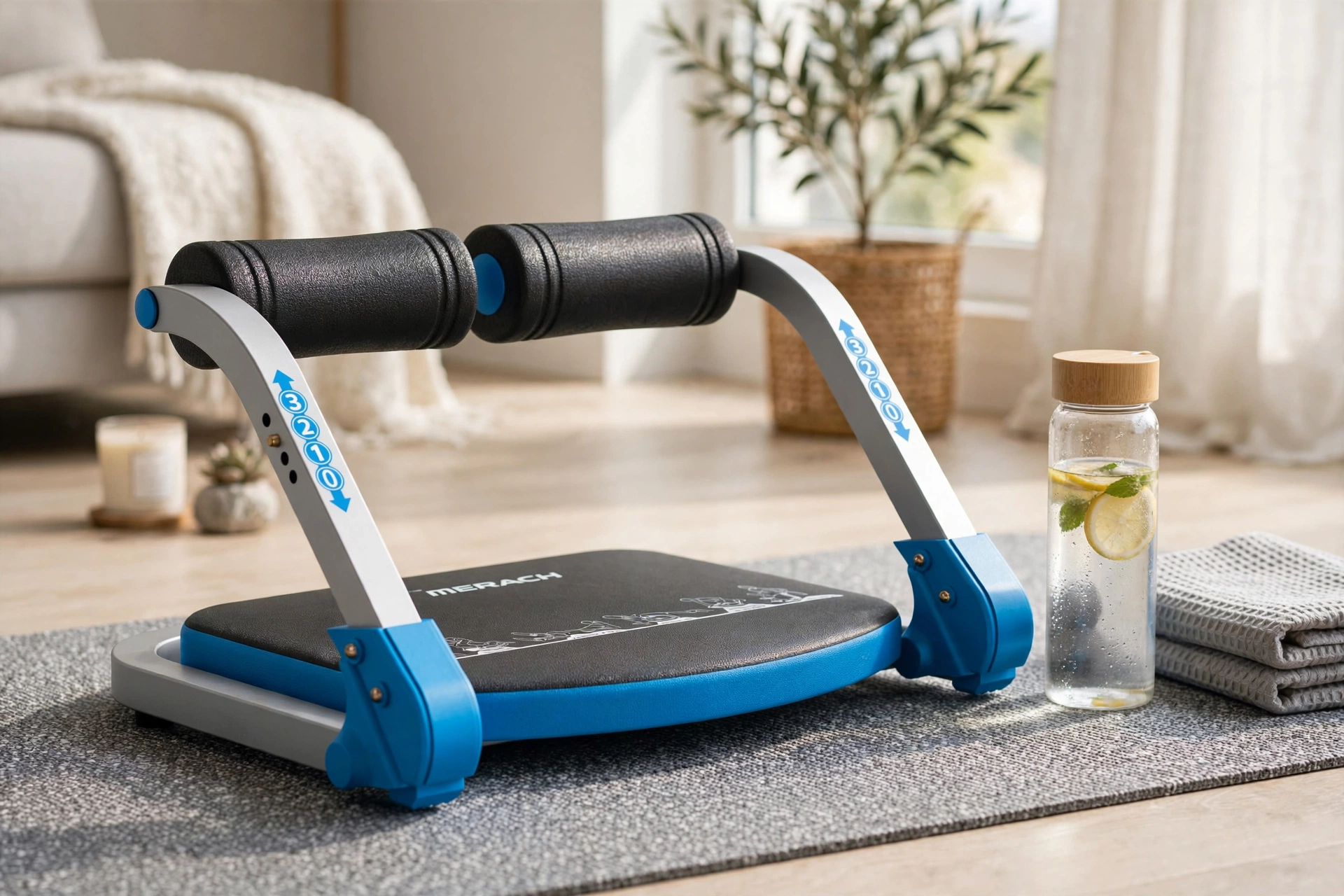 practical MERACH Multifunctional abdominal trainer, core strength, waist slimming, abdominal fitness home exercise equipment, home abdominal muscle training and abdominal loss fitness equipment 11 A blue multifunctional abdominal trainer placed on a gray yoga mat in a cozy living room next to a water bottle
