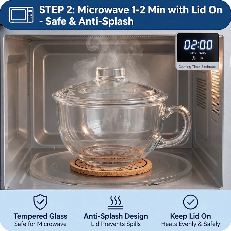 A Large-Capacity Tempered Glass Cup with a Lid And Handle, Thickened for Breakfast Oatmeal, Milk, And Suitable for Desserts, Pasta, And Rice, Microwave Safe 9 Infographic demonstrating step 2 of microwaving food inside the Large-Capacity Tempered Glass Cup with the lid on.