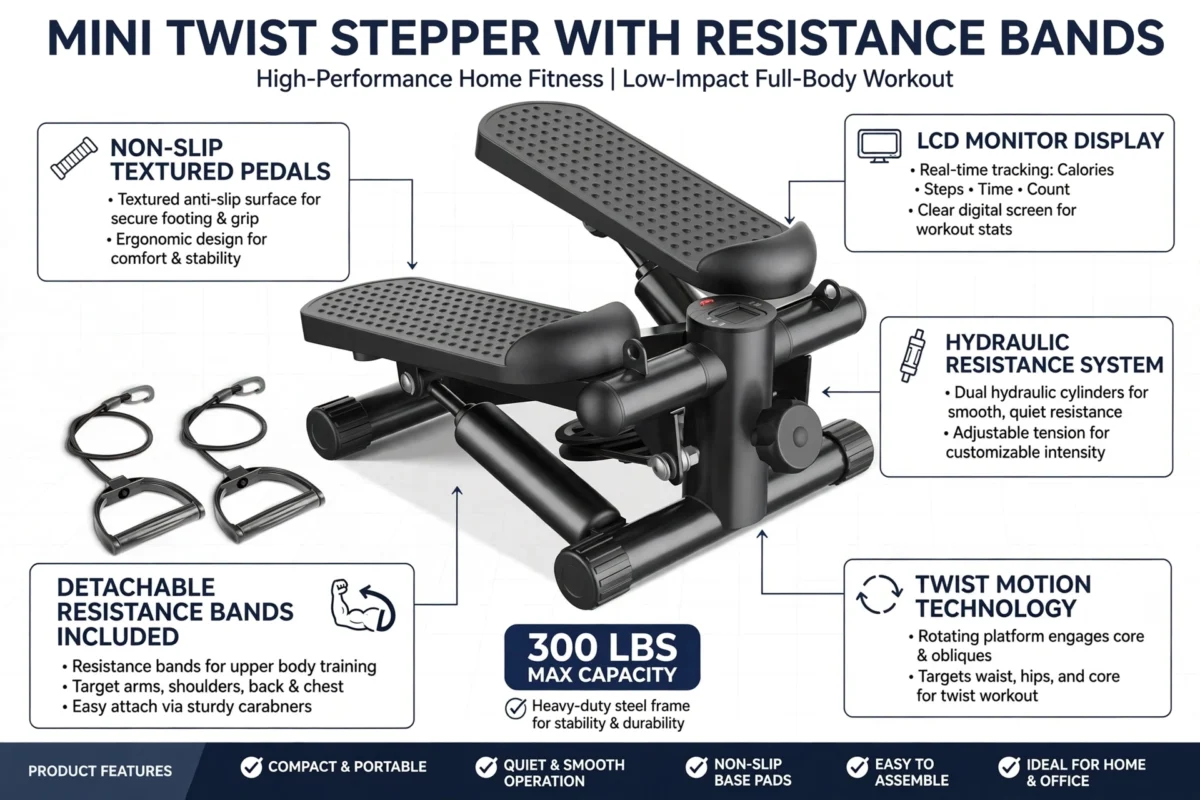 Mini Exercise Stepper with Resistance Bands - Compact Stair Stepper Machine for Home Use, Twist Motion Full Body Workout, 300LBS Capacity Portable Fitness Equipment 12 An infographic detailing the features of the black Exercise Stepper with Resistance Bands including LCD monitor, non slip textured pedals, and hydraulic resistance system.