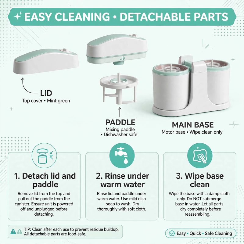 Home Ice Cream, Detachable Design for Easy Cleaning, Perfect for Making Homemade Ice Cream, Smoothies And Frozen Yogurt, 1QT, Party, Summer Essentials, Halloween And Christmas Gifts Suitable for Giving 11 Instructional cleaning chart illustrating how to detach the lid and mixing paddle, rinse parts under warm water, and wipe down the base of the mint green Home Ice Cream machine.