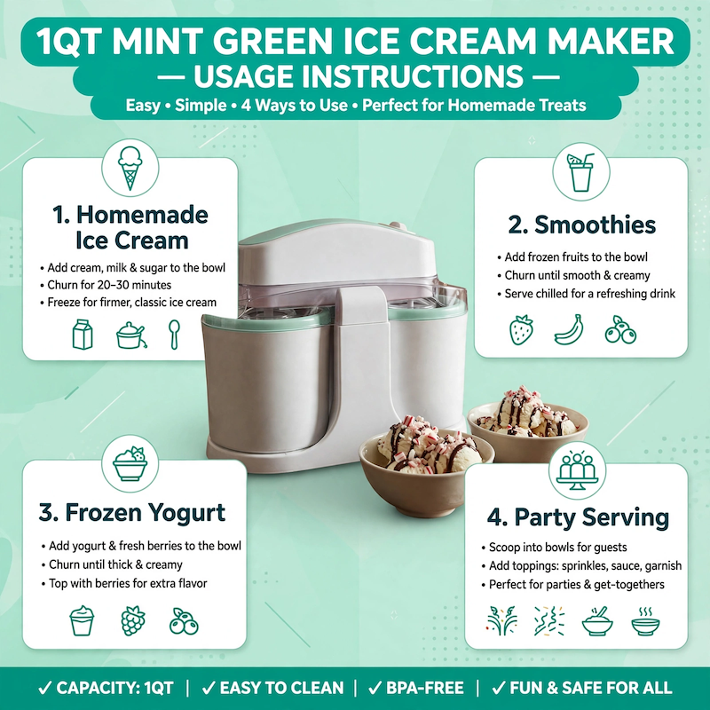 Home Ice Cream, Detachable Design for Easy Cleaning, Perfect for Making Homemade Ice Cream, Smoothies And Frozen Yogurt, 1QT, Party, Summer Essentials, Halloween And Christmas Gifts Suitable for Giving 10 Usage instructions infographic for the 1-quart mint green Home Ice Cream appliance, showcasing four versatile uses including homemade ice cream, smoothies, frozen yogurt, and party serving.