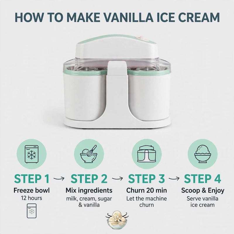 Home Ice Cream, Detachable Design for Easy Cleaning, Perfect for Making Homemade Ice Cream, Smoothies And Frozen Yogurt, 1QT, Party, Summer Essentials, Halloween And Christmas Gifts Suitable for Giving 9 A 4-step infographic detailing how to make vanilla treats with the mint green Home Ice Cream device, covering freezing the bowl, mixing ingredients, churning for 20 minutes, and serving.
