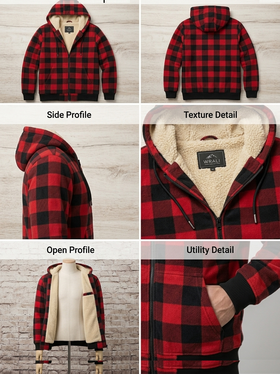 Men'S Heavyweight Fleece Hooded Jackets Thick Sherpa Lined Flannel Plaid Shirt with Full Zip 18 A product collage grid displaying different views of the red and black mixed color Fleece Hooded Jackets Thick Sherpa, showing the front, back, side profile, and ultra-thick interior fleece lining.