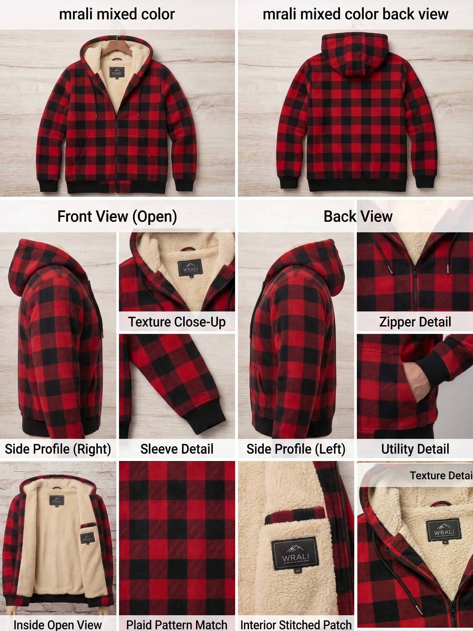 Men'S Heavyweight Fleece Hooded Jackets Thick Sherpa Lined Flannel Plaid Shirt with Full Zip 19 A 12-panel breakdown detailing construction elements of a red-and-black mixed color Fleece Hooded Jacket Thick Sherpa lining, including sleeve cuffs, zippers, and interior stitching patches.