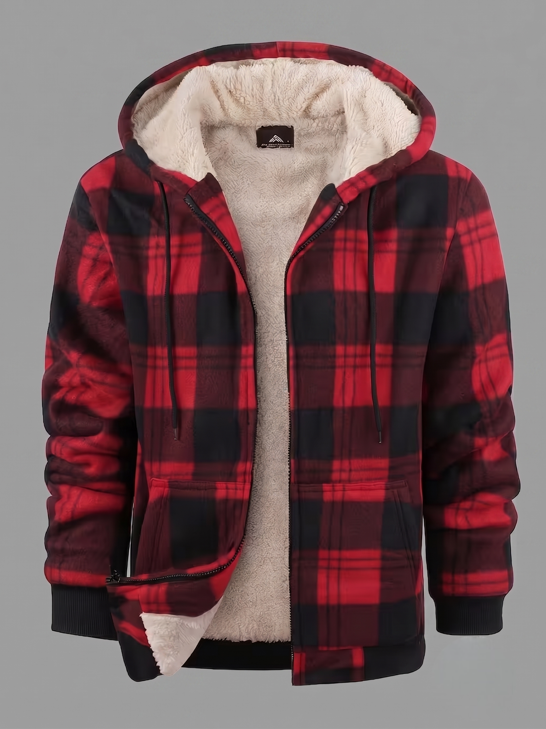 Men'S Heavyweight Fleece Hooded Jackets Thick Sherpa Lined Flannel Plaid Shirt with Full Zip 20 A front-facing studio shot of a red and black plaid mixed color Fleece Hooded Jacket Thick Sherpa lining, unzipped to reveal a heavy, cream-colored fleece inner core.