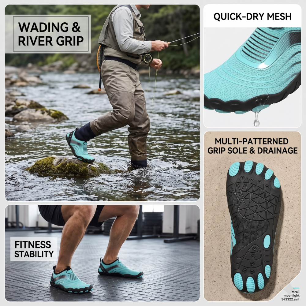 Unisex Quick-Dry Water Shoes, Comfortable and Breathable, Suitable for Fishing, Surfing, Hiking, Wading, Beach Play, and Fitness Squats 20 Multi-panel performance collage featuring moonlight color Unisex Quick-Dry Water Shoes used for river wading while fishing and performing gym squats, along with a close-up of the drainage sole.
