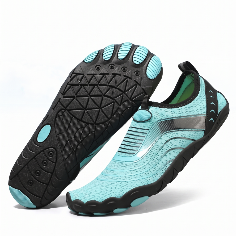 Unisex Quick-Dry Water Shoes, Comfortable and Breathable, Suitable for Fishing, Surfing, Hiking, Wading, Beach Play, and Fitness Squats 21 Studio product display of moonlight color Unisex Quick-Dry Water Shoes against a white background, highlighting the aquamarine mesh upper profile and the textured black-and-blue multi-toe tread pattern.