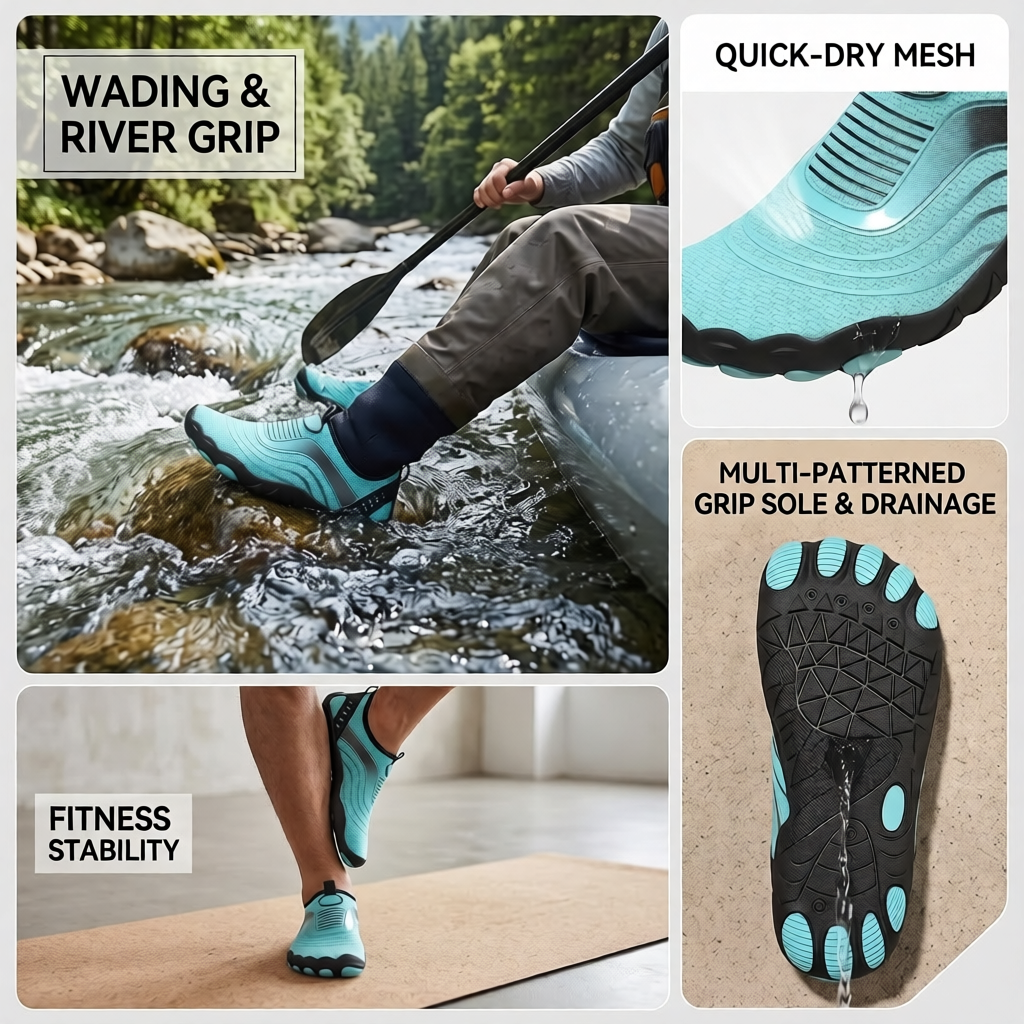 Unisex Quick-Dry Water Shoes, Comfortable and Breathable, Suitable for Fishing, Surfing, Hiking, Wading, Beach Play, and Fitness Squats 22 A four-panel activity collage featuring moonlight color Unisex Quick-Dry Water Shoes used for river kayaking and balance exercises, including an explicit close-up of water draining out of the bottom sole.