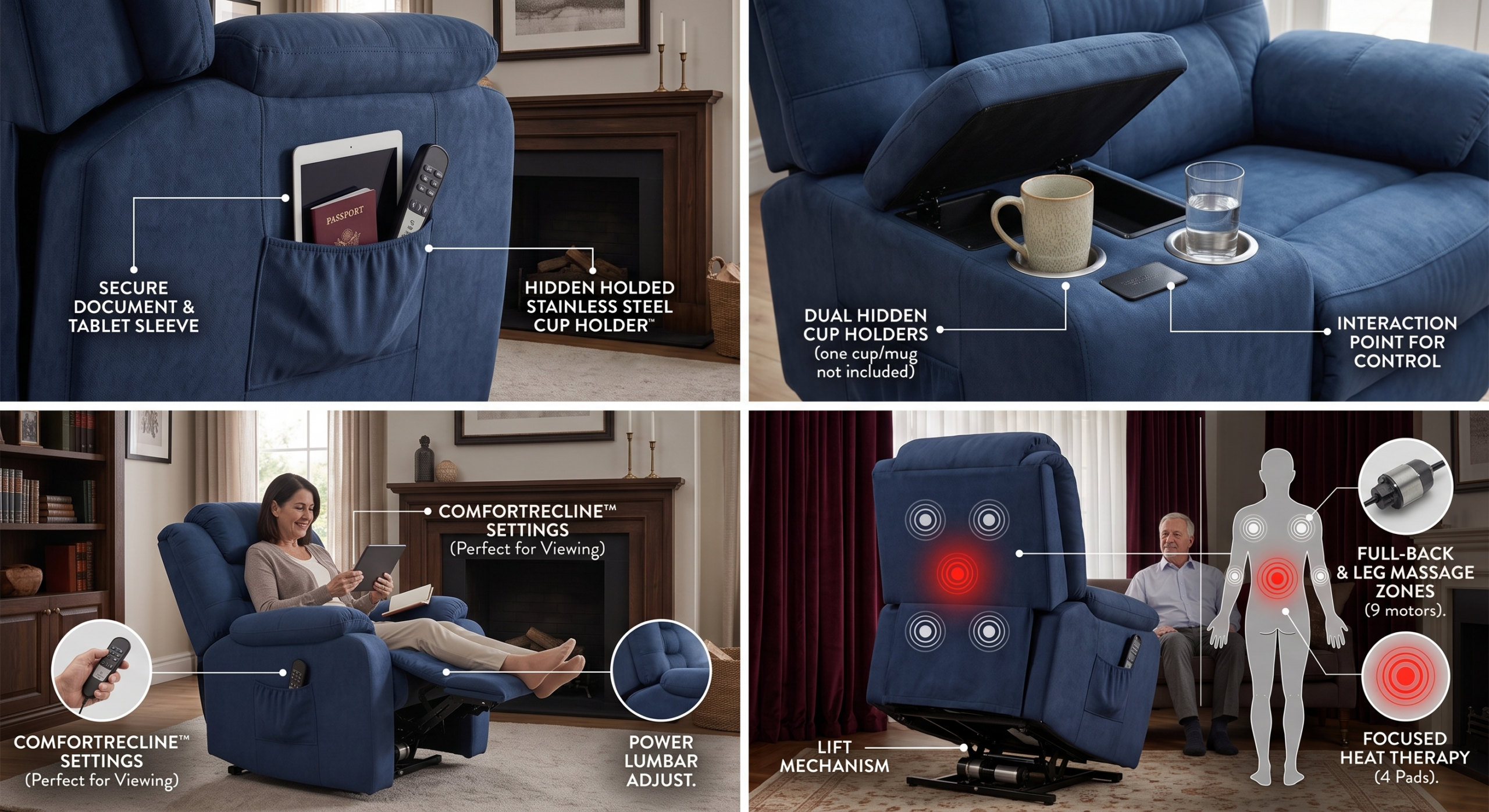 Elderly Power Lift Recliner Chair with Massage & Heat - Oversized Wide Overstuffed Seat, Heavy Duty Safety Reclining Mechanism, USB Ports & 2 Hidden Cup Holders 18 A lifestyle infographic containing four panes demonstrating the daily utility of the navy blue color Power Lift Recliner Chair with Massage. The panels display a tablet hidden inside the side sleeve pocket, dual storage cup holders embedded in the armrest cushion, a woman checking a tablet while resting in the comfort recline mode, and an anatomical graphic mapping out the full back and leg massage zones.