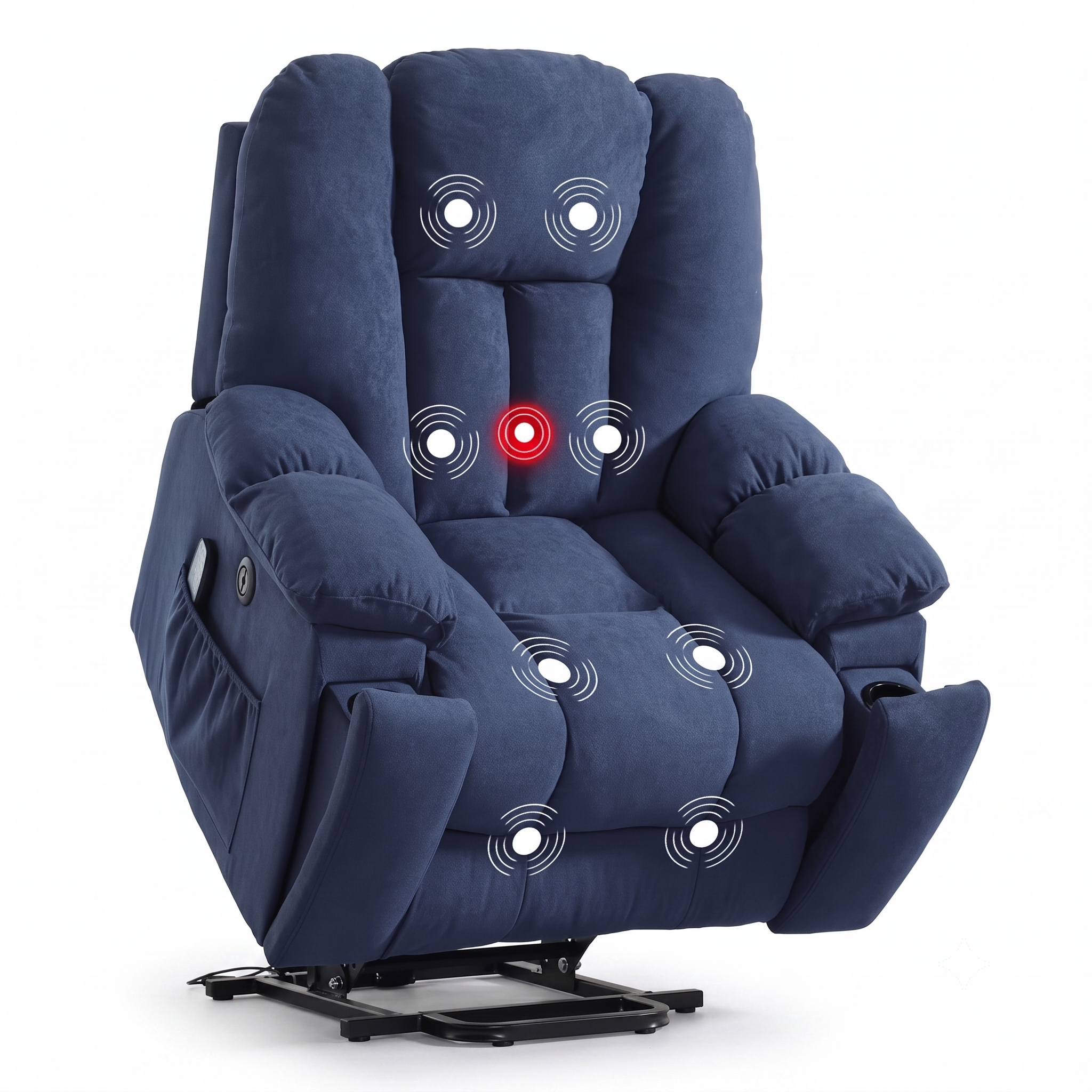 Elderly Power Lift Recliner Chair with Massage & Heat - Oversized Wide Overstuffed Seat, Heavy Duty Safety Reclining Mechanism, USB Ports & 2 Hidden Cup Holders 12 A studio product shot of a navy blue color Power Lift Recliner Chair with Massage isolated on a white background. White concentric circle icons map out multi zone massage nodes across the headrest, mid back, seat, and leg cushion, while a red target icon highlights the center back lumbar heat pad.