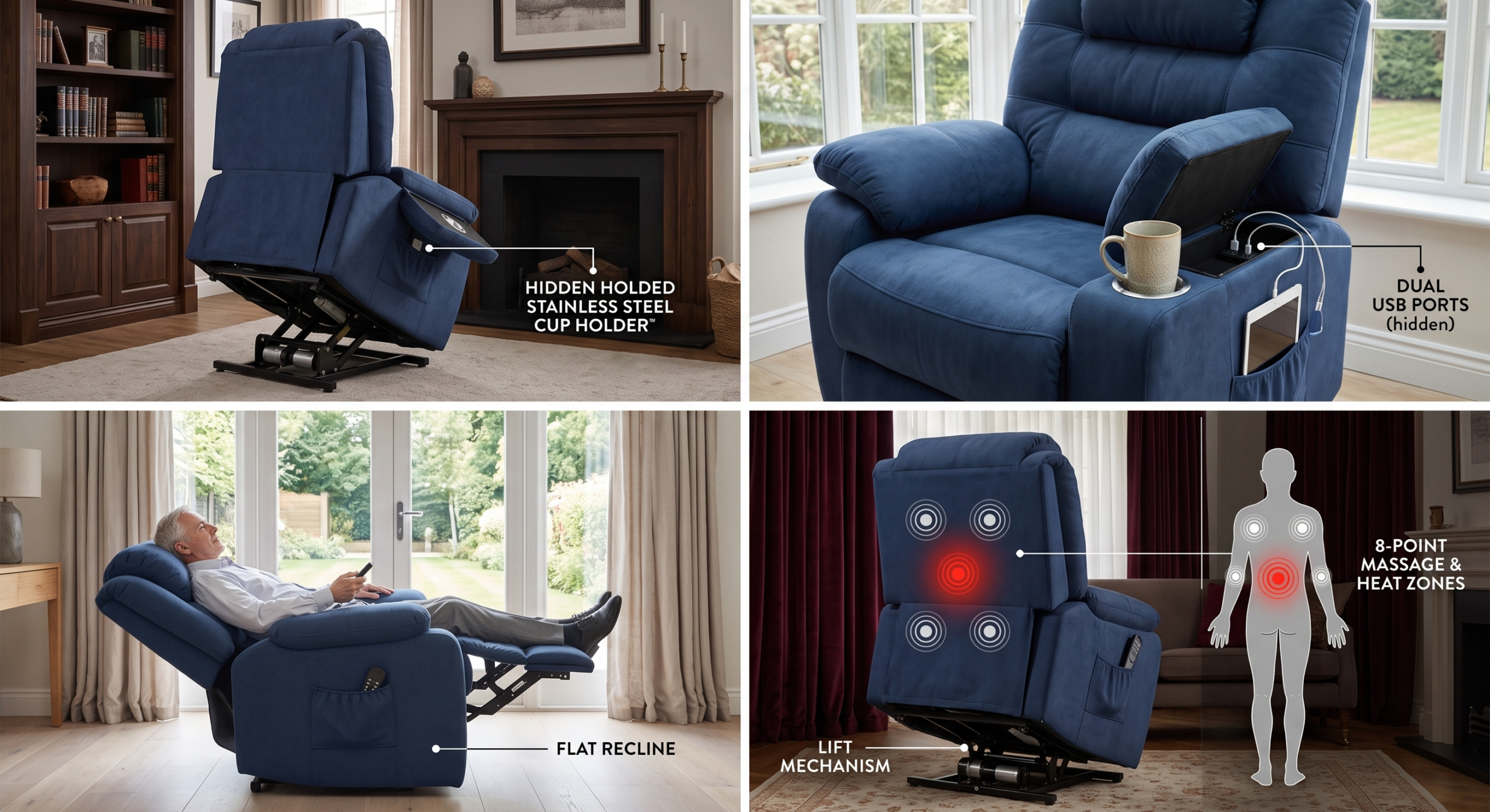 Elderly Power Lift Recliner Chair with Massage & Heat - Oversized Wide Overstuffed Seat, Heavy Duty Safety Reclining Mechanism, USB Ports & 2 Hidden Cup Holders 22 A four panel infographic highlighting structural details and seating options for the navy blue color Power Lift Recliner Chair with Massage. The panels show a rear view of the lifted metal base framework, a close up of an open armrest storage partition with dual USB ports, a side perspective of a man fully extended in a flat recline position, and a graphic human silhouette mapping the eight point massage zones.