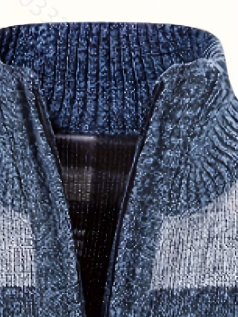 Men's Thermal Fleece-Lined Sport Knit Sweater with Pockets - Ethnic Wave Pattern, Stand Collar, Long Sleeve for Hiking, Cycling & Casual Winter Wear - Father’s Day Gift, Winter Knit Fabric 19 A close up macro product shot focusing on the neckline of a navy color Men's Sport Knit Sweater with Pockets, displaying the thick rib knit stand collar, a partially unzipped front, and a dark plaid thermal fleece interior lining peeking through the heavy winter knit fabric.