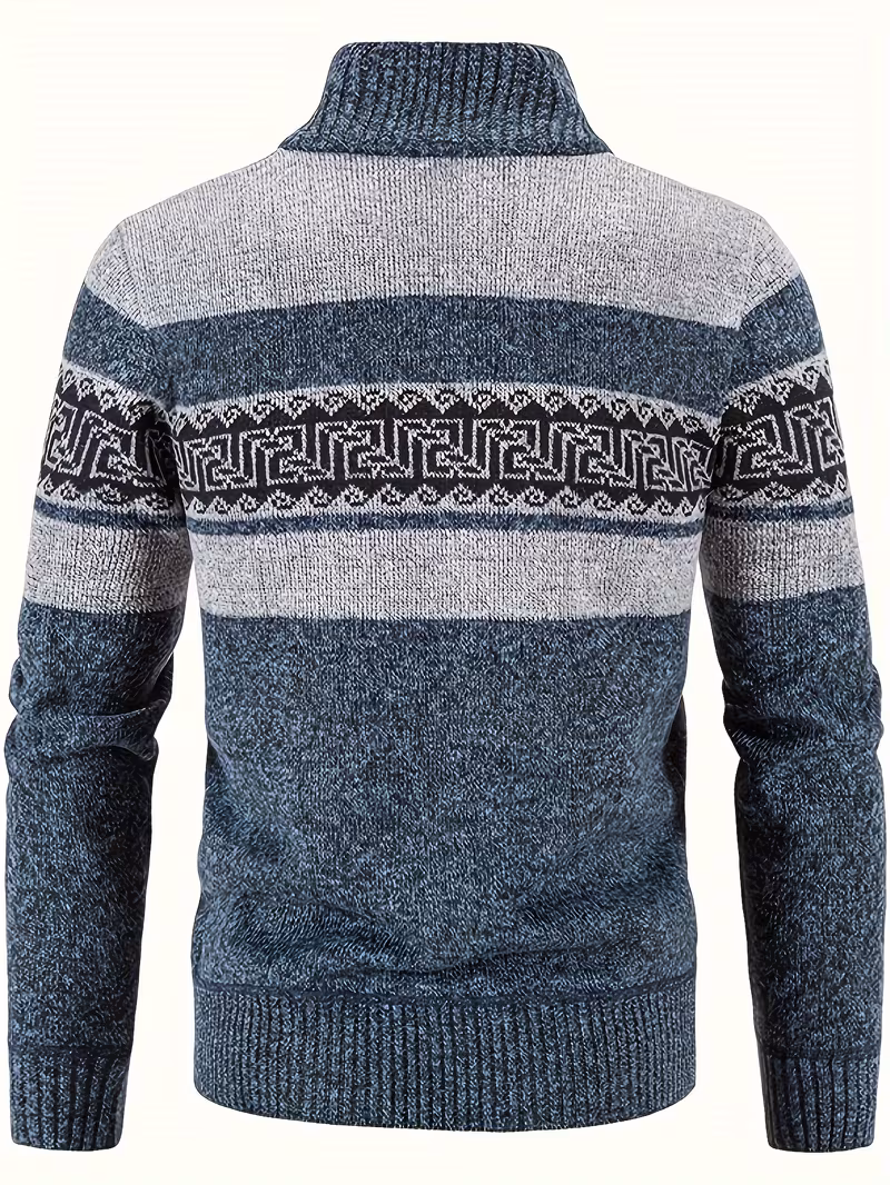 Men's Thermal Fleece-Lined Sport Knit Sweater with Pockets - Ethnic Wave Pattern, Stand Collar, Long Sleeve for Hiking, Cycling & Casual Winter Wear - Father’s Day Gift, Winter Knit Fabric 15 A clean straight-on studio product shot displaying the back view of a navy color Men's Sport Knit Sweater with Pockets, highlighting the heavy marled winter knit fabric texture, ribbed high stand collar, and a continuous light grey and black geometric ethnic wave pattern across the back and shoulders.