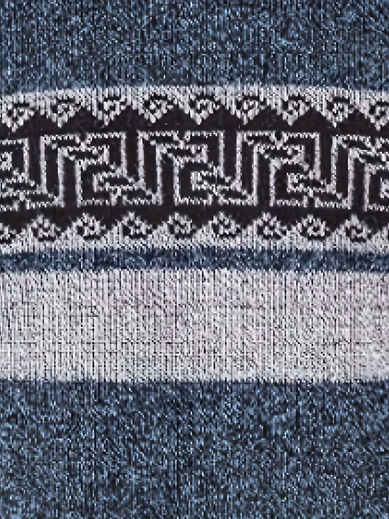 Men's Thermal Fleece-Lined Sport Knit Sweater with Pockets - Ethnic Wave Pattern, Stand Collar, Long Sleeve for Hiking, Cycling & Casual Winter Wear - Father’s Day Gift, Winter Knit Fabric 17 A close up macro product shot of the fabric on a navy color Men's Sport Knit Sweater with Pockets, focusing on the textured marled blue winter knit fabric, a solid light grey horizontal band, and a sharp black and white geometric ethnic wave pattern.