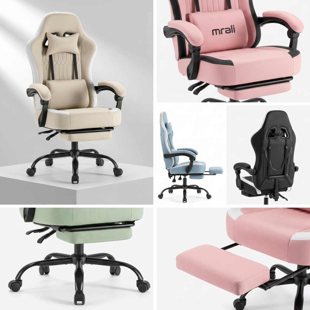 exclusive Computer Game Chair Office Chair with Foot and Lumbar Support, Height Adjustable Work Chair, Headrests, Armrests, and Rollers 6 A composite image showcasing a Computer Game Chair Office Chair in khaki, pink, blue, light green, and black, featuring detailed views of the retractable footrest, lumbar support, and adjustable linkage armrests.