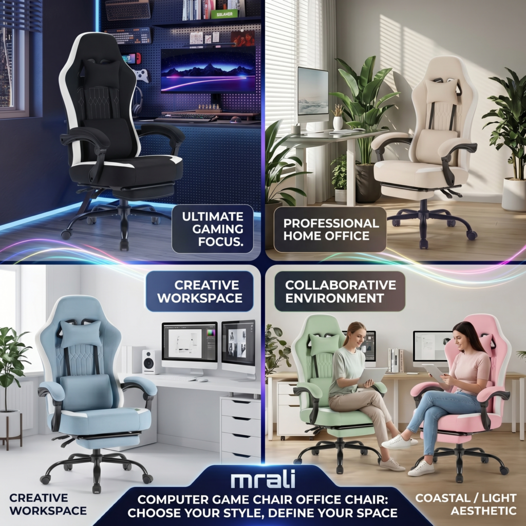 exclusive Computer Game Chair Office Chair with Foot and Lumbar Support, Height Adjustable Work Chair, Headrests, Armrests, and Rollers 7 A four-panel lifestyle image featuring the Computer Game Chair Office Chair in various settings: a dark gaming room (black), a bright professional home office (khaki), a creative workspace (blue), and a collaborative environment (light green and pink).