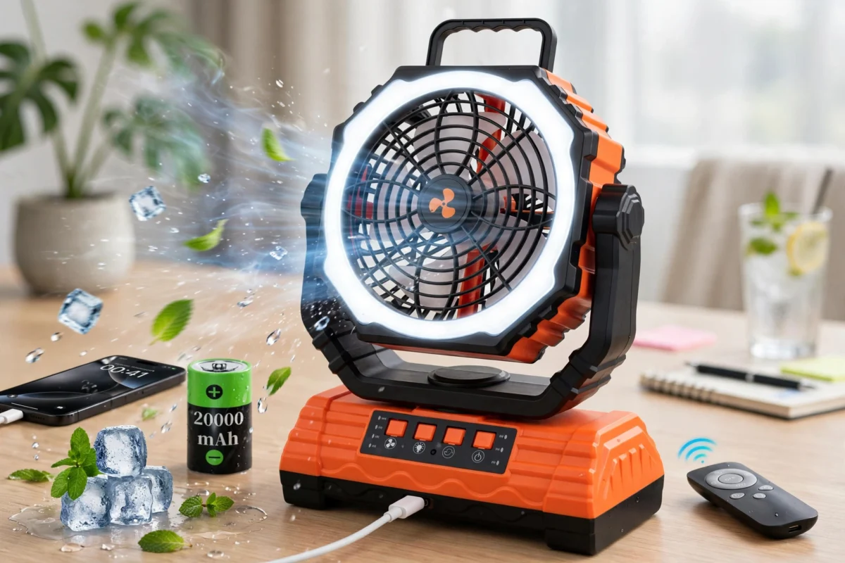 practical Cold Air Battery Powered Fan with 4LED Lantern, 20000mAh Dual Motor Camping Fan, 4-Speed Adjustable Desktop Fan with Hook, Remote Control Portable Outdoor Fan Suitable for Tents, Power Outages and Construction Sites 6 Cold Air Battery Powered Fan sitting on an office table with cooling breeze effects, a battery icon, and a remote.