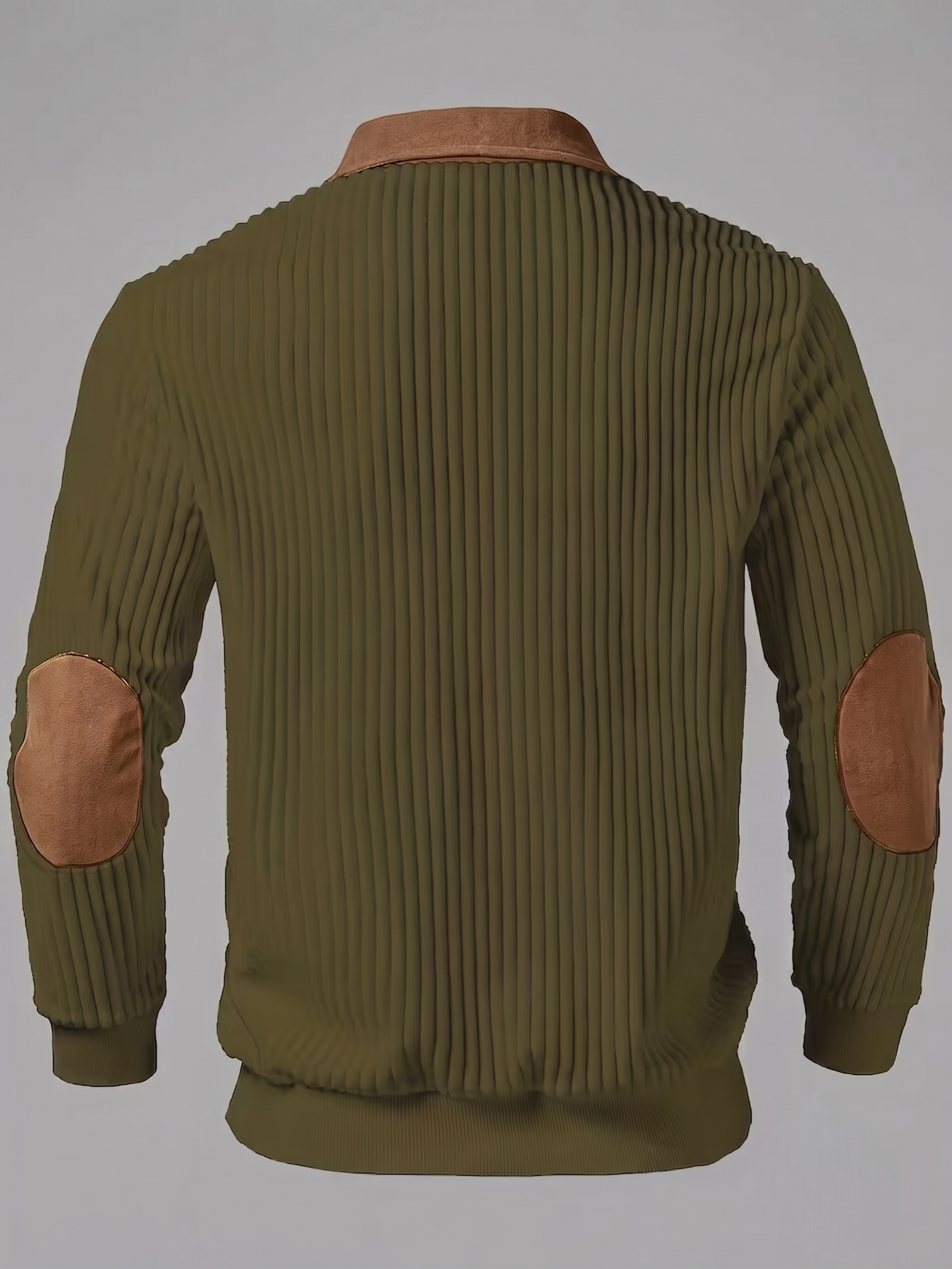 Men's Color-Block Design Casual Stand Collar Pullover - Ribbed Color-Block Patchwork, Thick and Warm Pullover, Stand Collar with Zipper Design, Suitable for Daily Casual Fashion, Simple and Versatile for Outings and Commuting, Long-Sleeve Pullover 7 Studio product photograph showing the back view of an olive color casual stand collar pullover with vertical ribbed knit texture and brown oval elbow patches.
