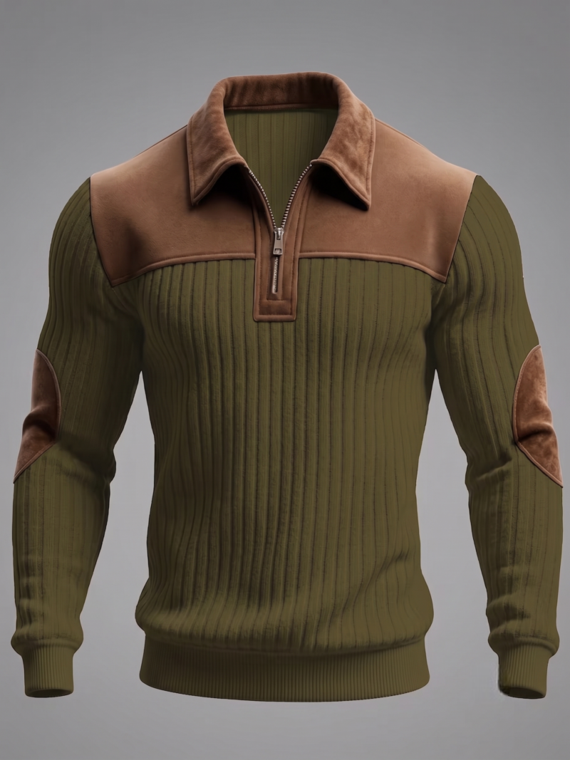 Men's Color-Block Design Casual Stand Collar Pullover - Ribbed Color-Block Patchwork, Thick and Warm Pullover, Stand Collar with Zipper Design, Suitable for Daily Casual Fashion, Simple and Versatile for Outings and Commuting, Long-Sleeve Pullover 8 Centered studio product shot of an olive color casual stand collar pullover featuring a brown suede chest panel and a quarter zipper closure layout.