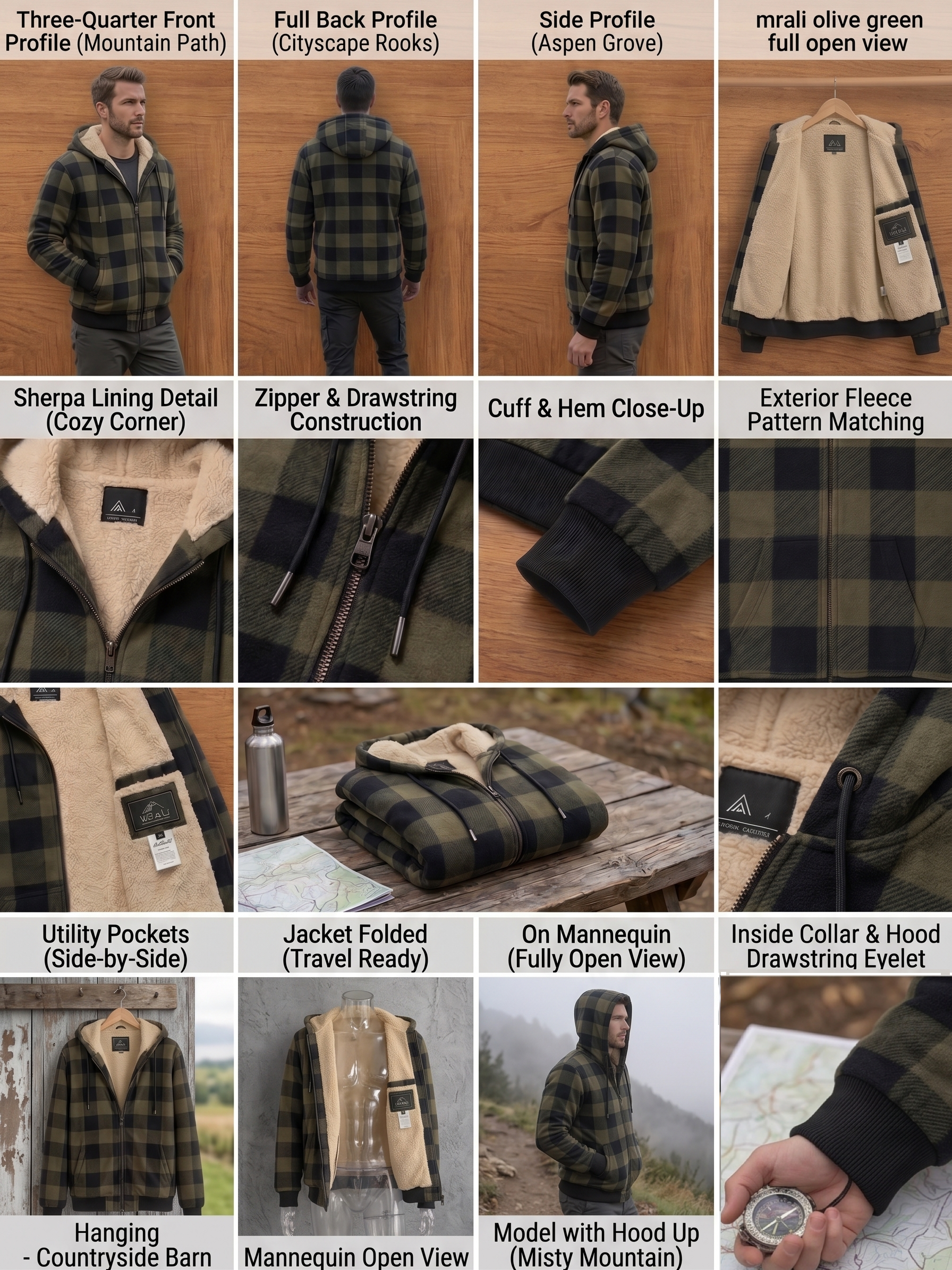 Men'S Heavyweight Fleece Hooded Jackets Thick Sherpa Lined Flannel Plaid Shirt with Full Zip 28 A 4x4 matrix collage illustrating various features of olive green color Fleece Hooded Jackets Thick Sherpa construction and use.