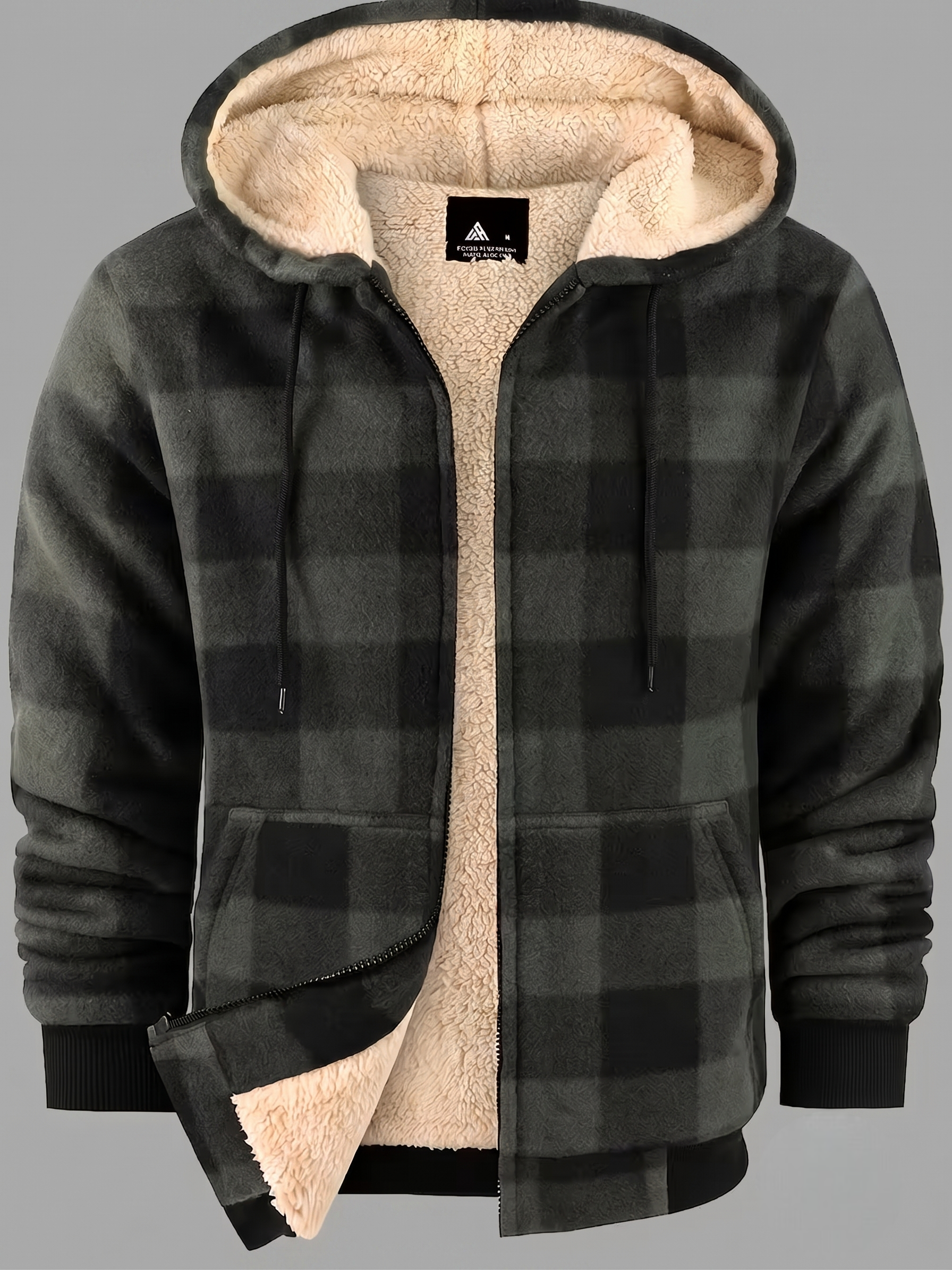 Men'S Heavyweight Fleece Hooded Jackets Thick Sherpa Lined Flannel Plaid Shirt with Full Zip 22 Full front view of a zipped olive green color Fleece Hooded Jacket Thick Sherpa on a grey mannequin.