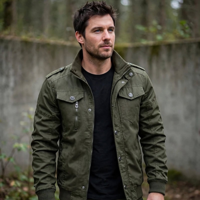 Men's Tactical Jacket Practical Men's Tactical Jacket | Multiple Pockets, Workwear Style Coat 19 Lifestyle portrait of a man outdoors wearing an olive green color Men's Tactical Jacket Practical over a black shirt.