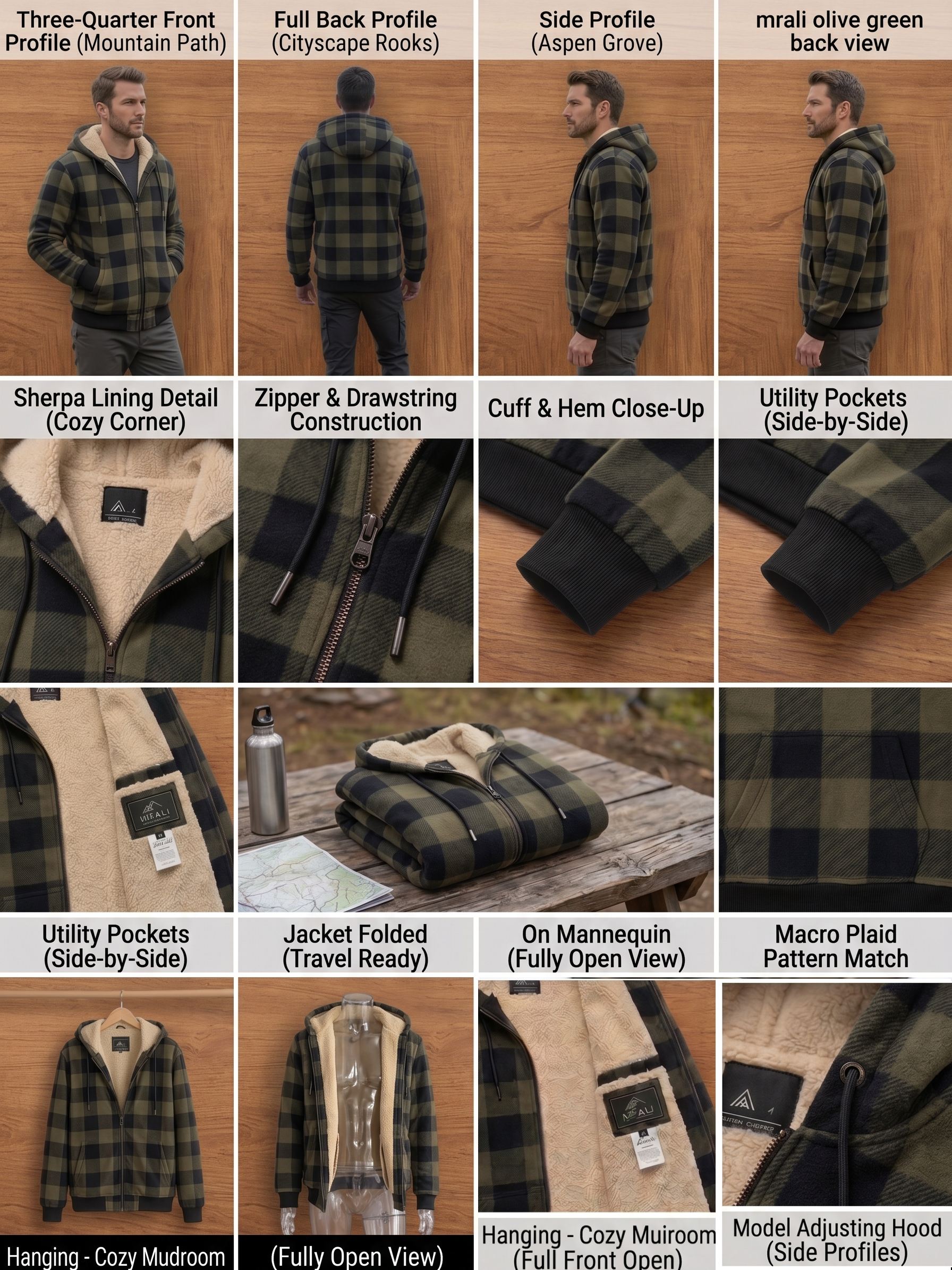 Men'S Heavyweight Fleece Hooded Jackets Thick Sherpa Lined Flannel Plaid Shirt with Full Zip 26 A 4x4 matrix collage focused on front features, interior details, and model usage of an olive green color Fleece Hooded Jacket Thick Sherpa lining.