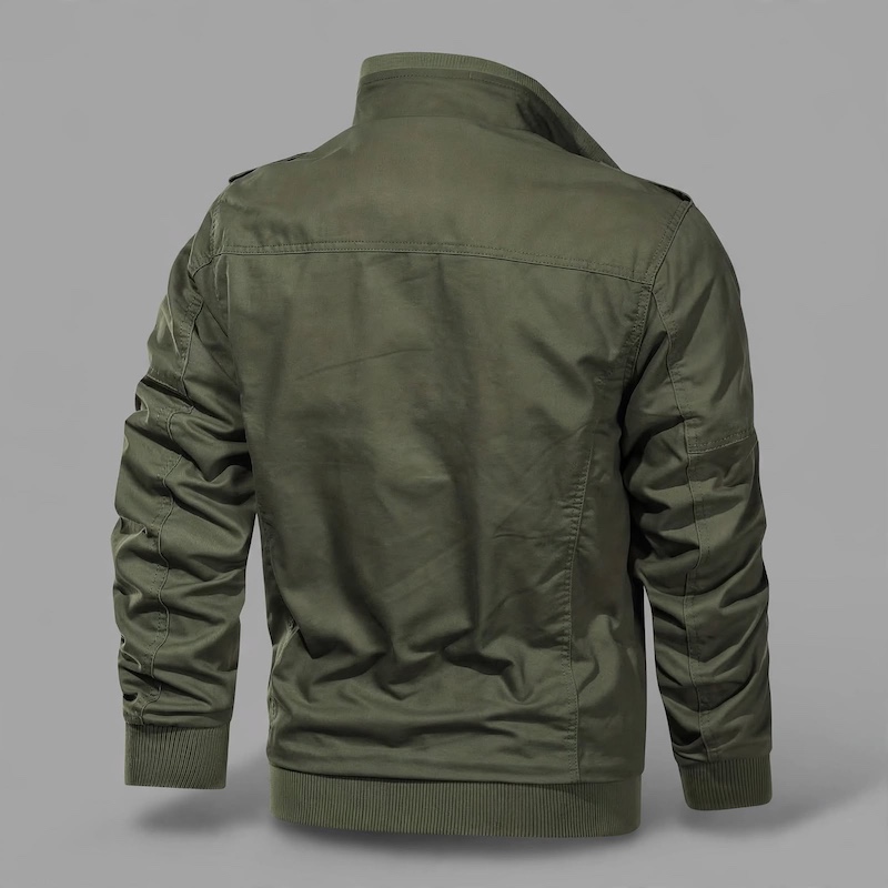 Men's Tactical Jacket Practical Men's Tactical Jacket | Multiple Pockets, Workwear Style Coat 8 Rear view of an olive green color Men's Tactical Jacket Practical displayed against a neutral gray backdrop.