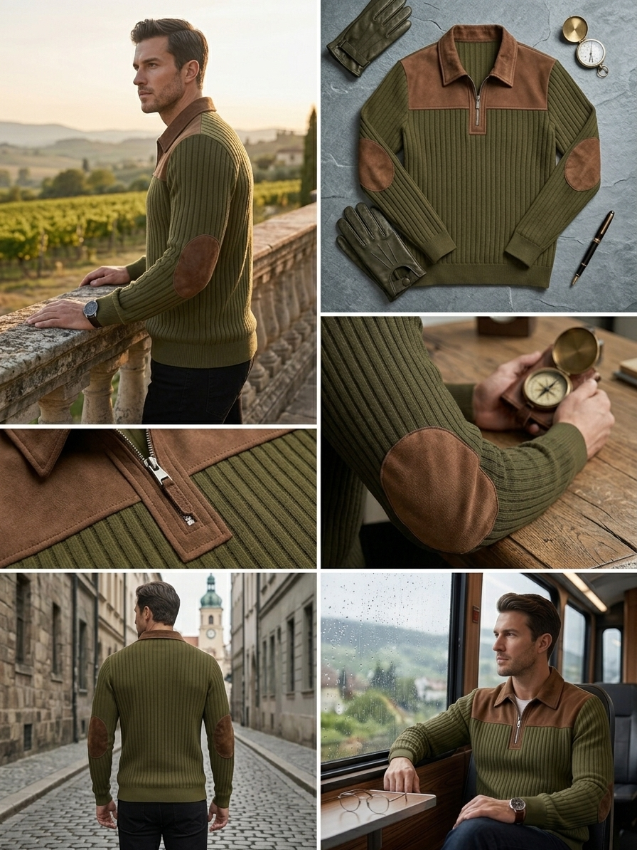 Men's Color-Block Design Casual Stand Collar Pullover - Ribbed Color-Block Patchwork, Thick and Warm Pullover, Stand Collar with Zipper Design, Suitable for Daily Casual Fashion, Simple and Versatile for Outings and Commuting, Long-Sleeve Pullover 13 Six image collage featuring an olive color casual stand collar pullover styled on a model by a balcony, flat laid with leather gloves, a close up of the zipper, an elbow patch close up, a back view walking, and sitting inside a train window.