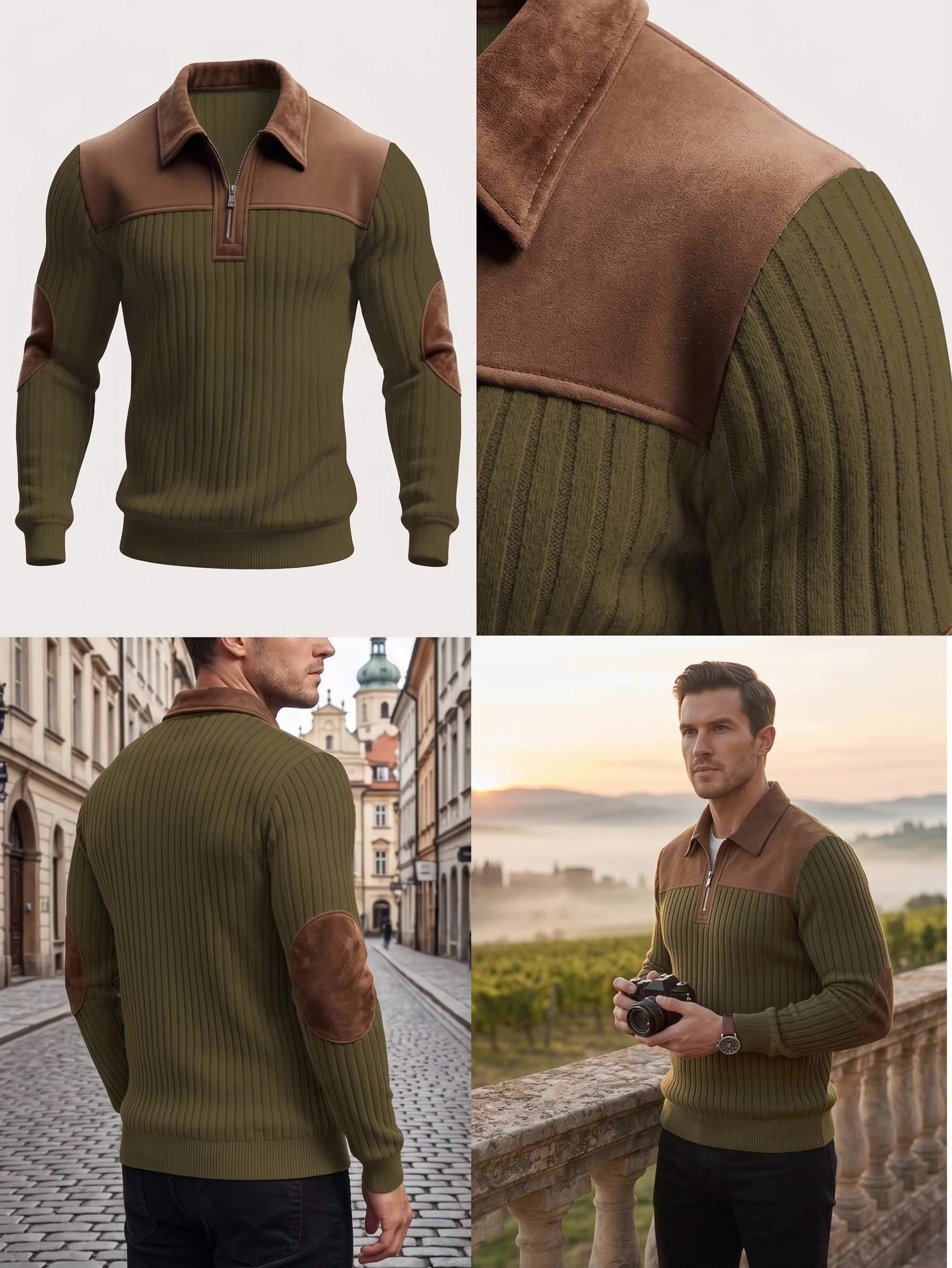 Men's Color-Block Design Casual Stand Collar Pullover - Ribbed Color-Block Patchwork, Thick and Warm Pullover, Stand Collar with Zipper Design, Suitable for Daily Casual Fashion, Simple and Versatile for Outings and Commuting, Long-Sleeve Pullover 14 Four image grid showing an olive color casual stand collar pullover from the front, a macro detail of the shoulder seam, a man walking in an old town, and a model holding a camera at sunset.
