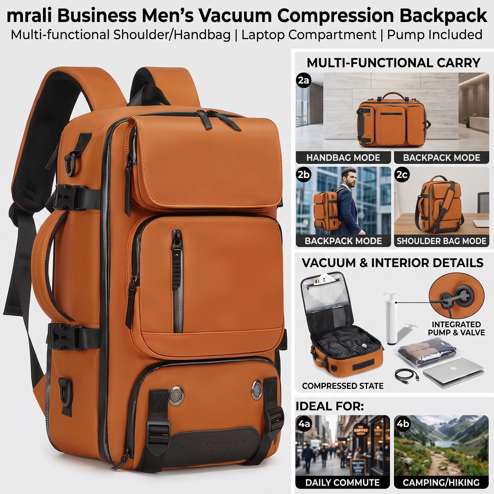 reliable Business Men'S Vacuum Compression Backpack | Multi-functional Shoulder/Handbag, Laptop Compartment, Includes Pump, Ideal for Camping, Hiking, Daily Commute, Foldable, Lightweight, Peacock 15 A detailed lifestyle and features infographic showcasing the orange color Business Men'S Vacuum Compression Backpack. Panels illustrate multiple configurations labeled Handbag Mode, Backpack Mode, and Shoulder Bag Mode alongside diagrams of the integrated vacuum valve, compressed state storage, and environments like daily commuting and camping.
