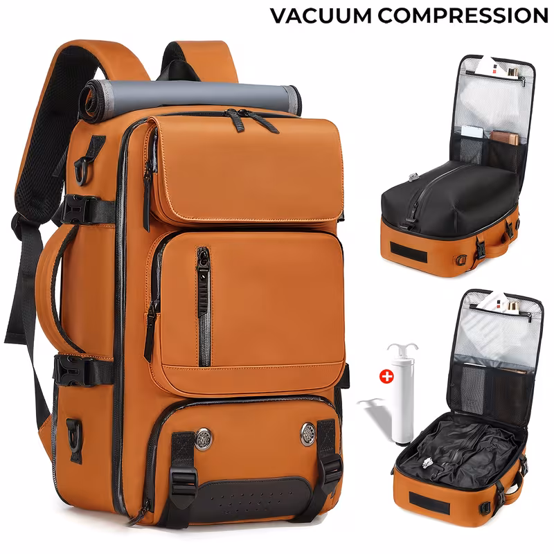 reliable Business Men'S Vacuum Compression Backpack | Multi-functional Shoulder/Handbag, Laptop Compartment, Includes Pump, Ideal for Camping, Hiking, Daily Commute, Foldable, Lightweight, Peacock 3 A high-contrast studio layout displaying an upright orange color Business Men'S Vacuum Compression Backpack on a solid white background. Right-side panel graphics highlight the internal mesh divider system and step-by-step compression mechanism using the standard manual vacuum pump accessory.