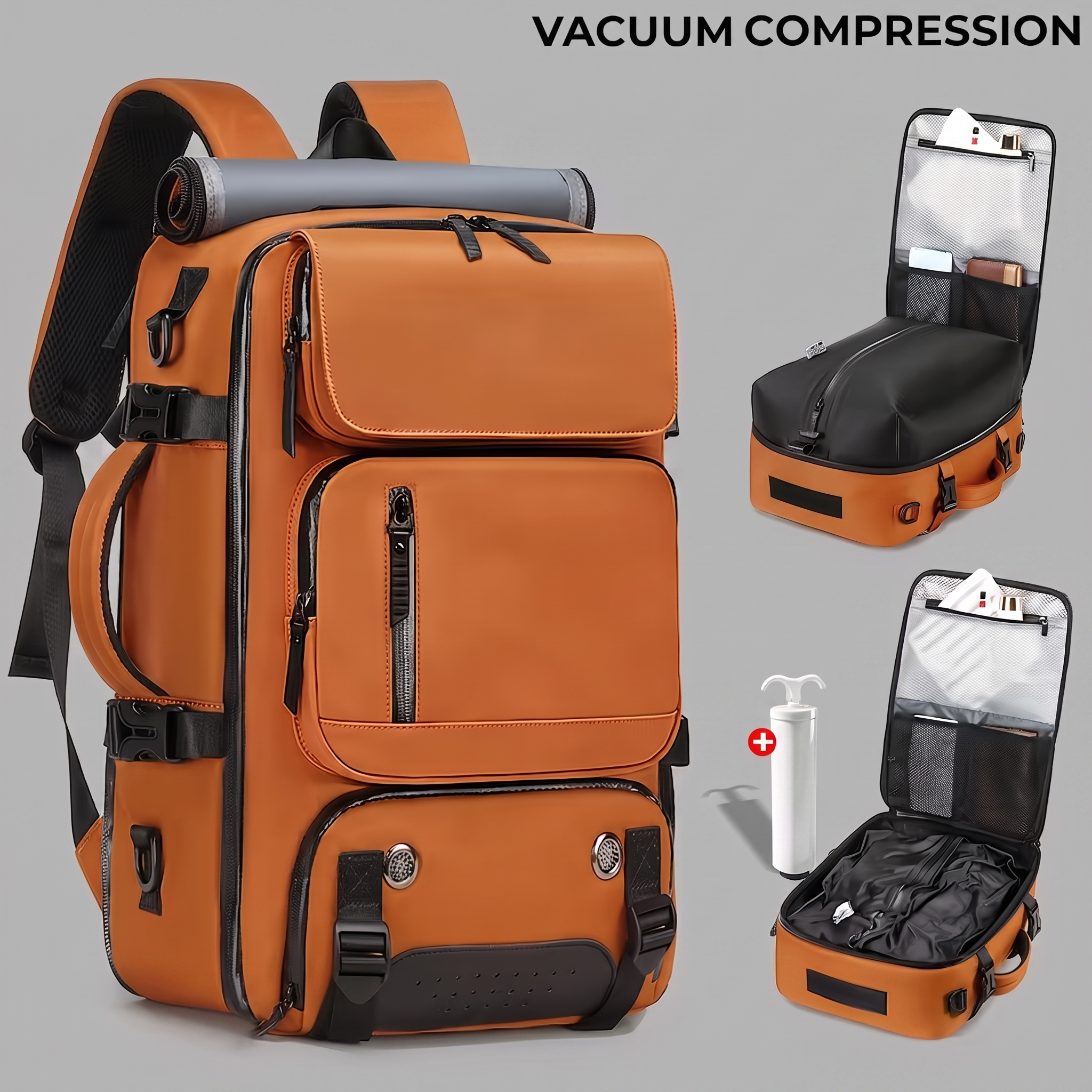 reliable Business Men'S Vacuum Compression Backpack | Multi-functional Shoulder/Handbag, Laptop Compartment, Includes Pump, Ideal for Camping, Hiking, Daily Commute, Foldable, Lightweight, Peacock 2 A studio product shot showing a vibrant orange color Business Men'S Vacuum Compression Backpack against a solid grey background. Inset panels on the right side depict the backpack laid open vertically to display its dual storage zones, featuring a white hand pump collapsing clothes within the integrated airtight lining section.
