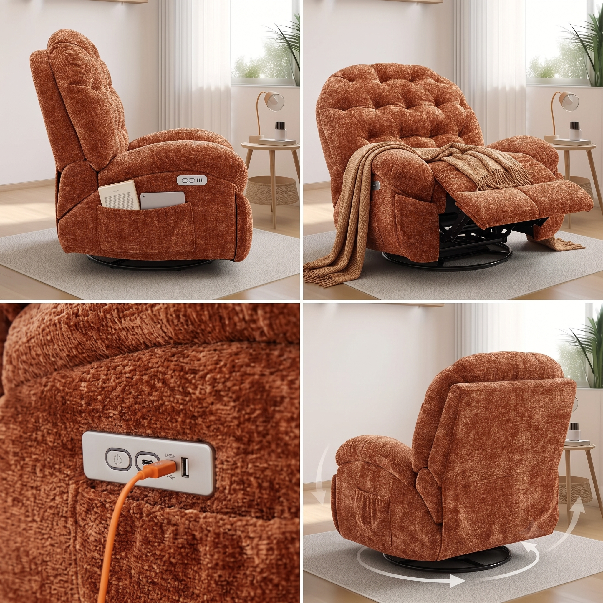 Oversized Swivel Recliner Chair, Adult Electric Recliner with USB Port And Side Pocket Storage, Comfortable Soft Shell Rocking Chair, Large Chenille Recliner Suitable for The Living Room 19 A 4-panel product collage of an orange chenille power recliner. Panels show a side storage pocket with a book, the chair in a relaxed recline with a draped blanket, a macro shot of an orange cable plugged into the USB control dock, and a rear rotation angle with swivel arrows.