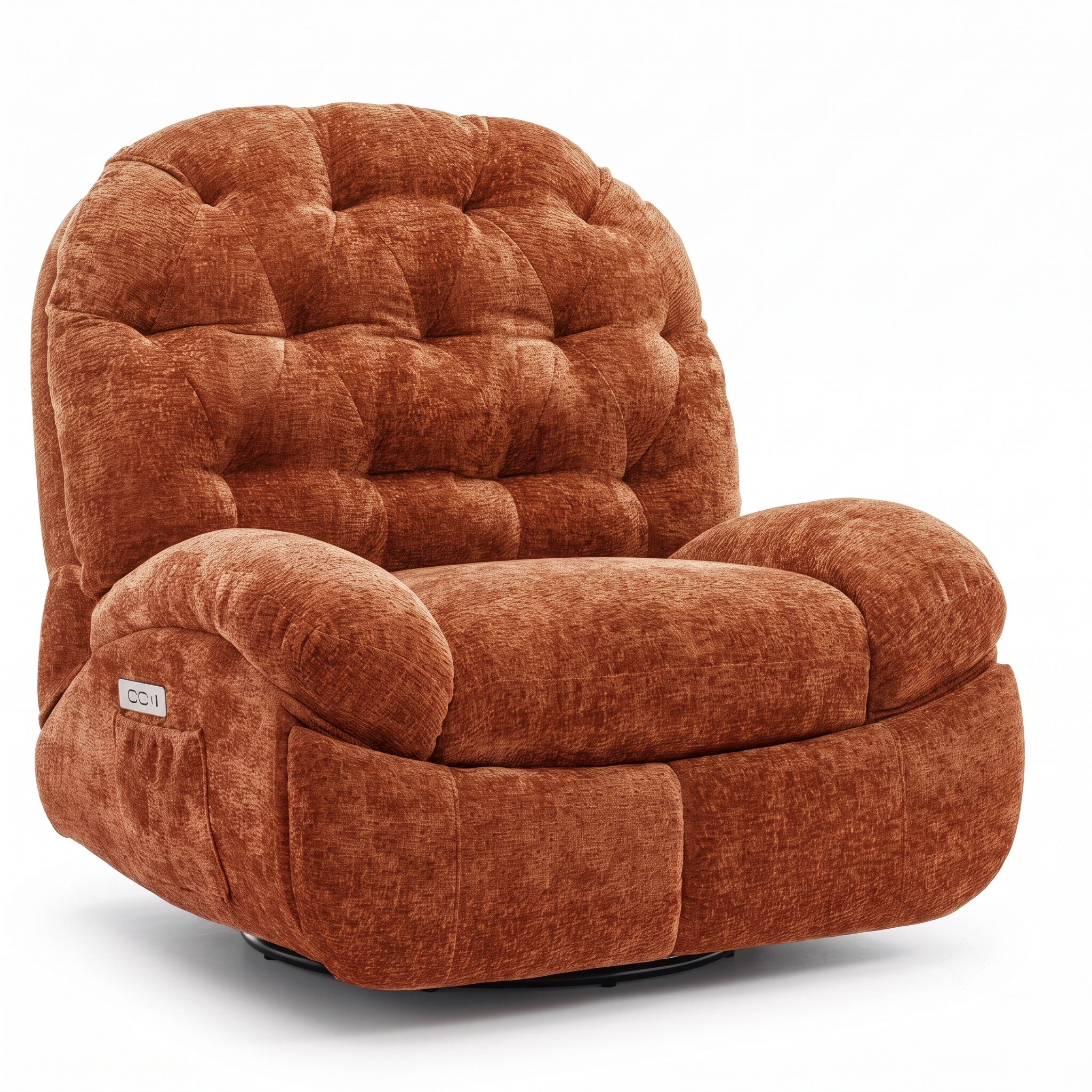 Oversized Swivel Recliner Chair, Adult Electric Recliner with USB Port And Side Pocket Storage, Comfortable Soft Shell Rocking Chair, Large Chenille Recliner Suitable for The Living Room 20 A studio product shot capturing the oversized electric swivel recliner chair in an upright resting position, isolated perfectly against a plain white background. The image clearly displays its deep diamond button tufting, thick rounded arms, and textured orange chenille upholstery.